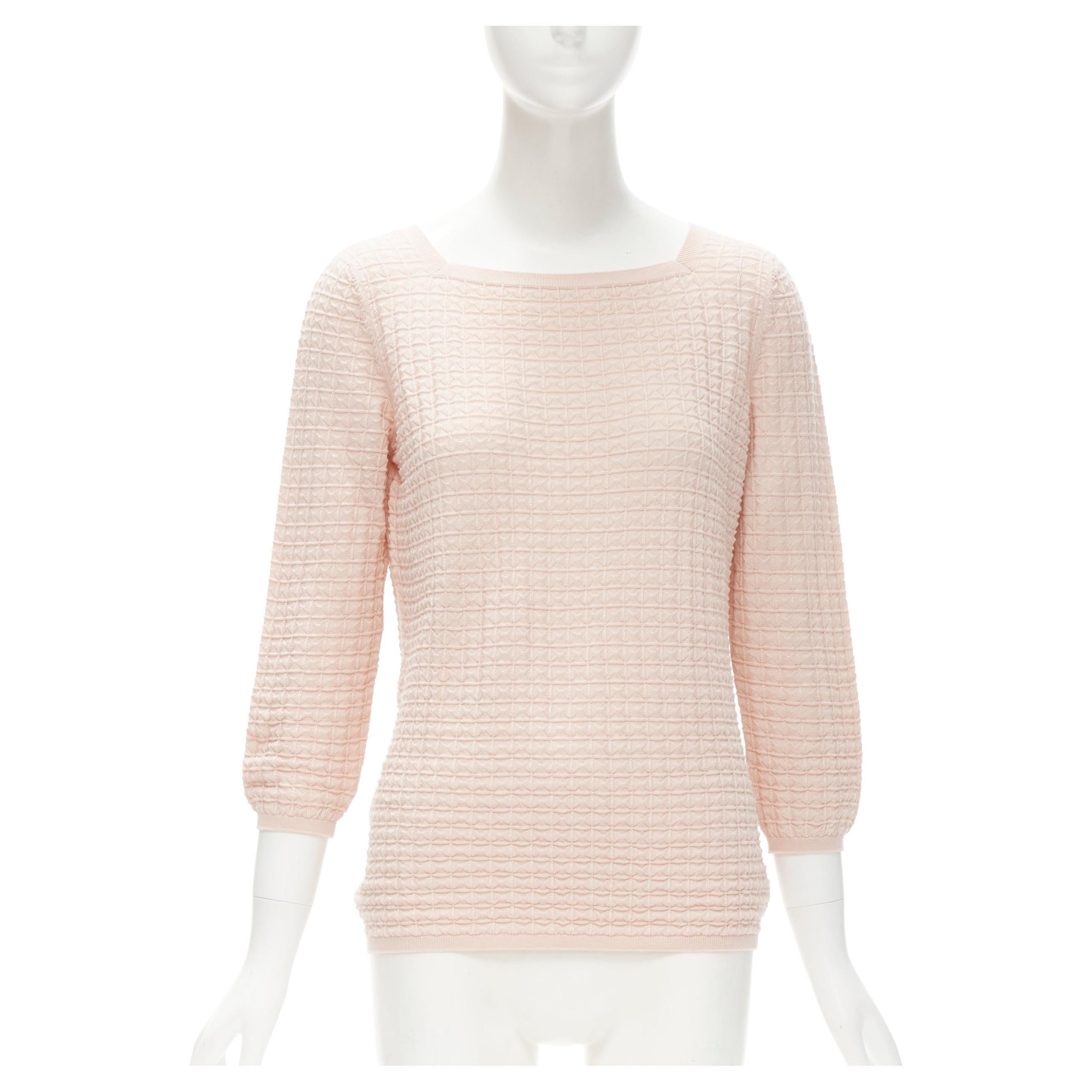 HERMES cashmere silk light pink geometric knit square neck sweater FR38 S