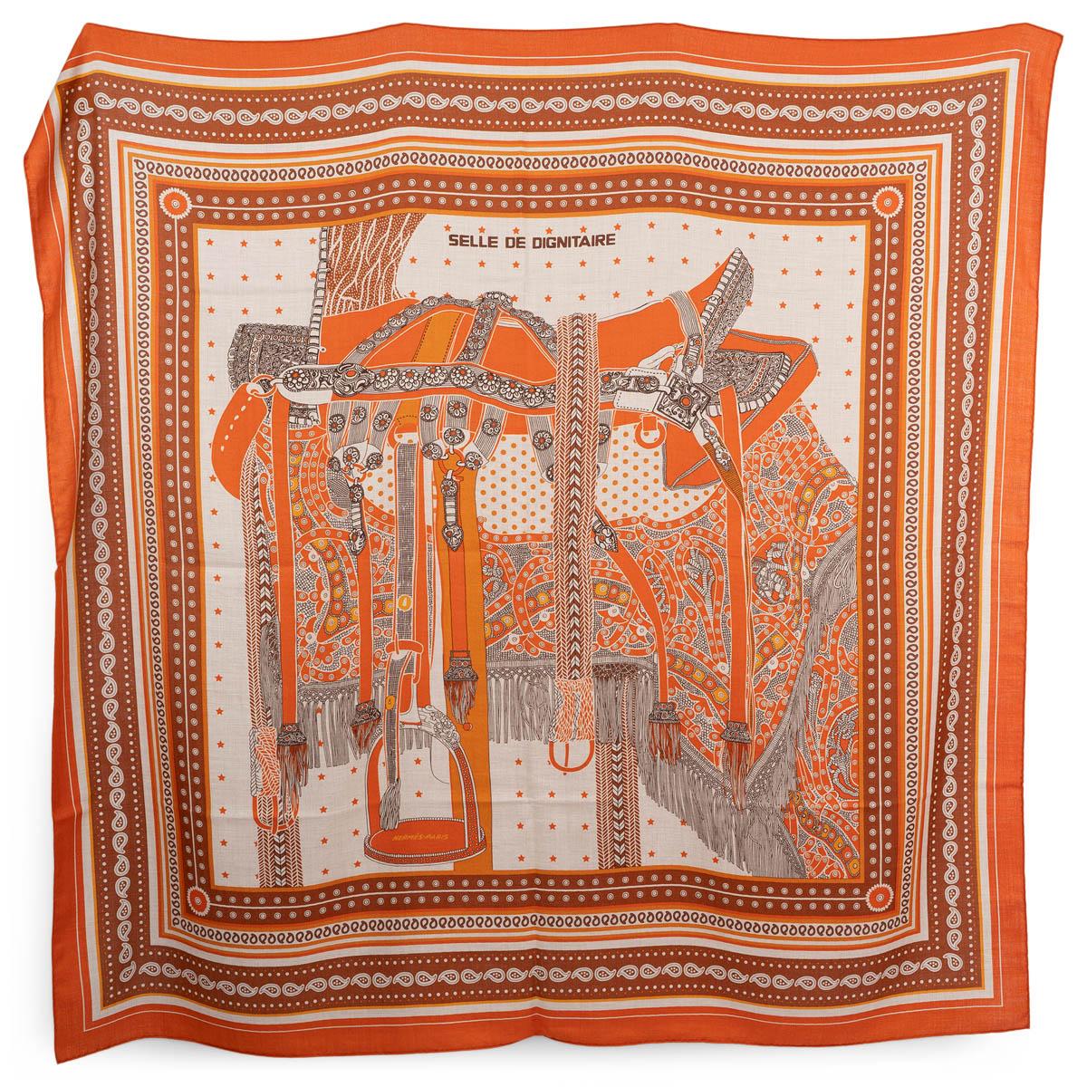 HERMES cashmere silk SELLE DE DIGNITAIRE BANDANA 140 Scarf Orange Roux Naturel For Sale