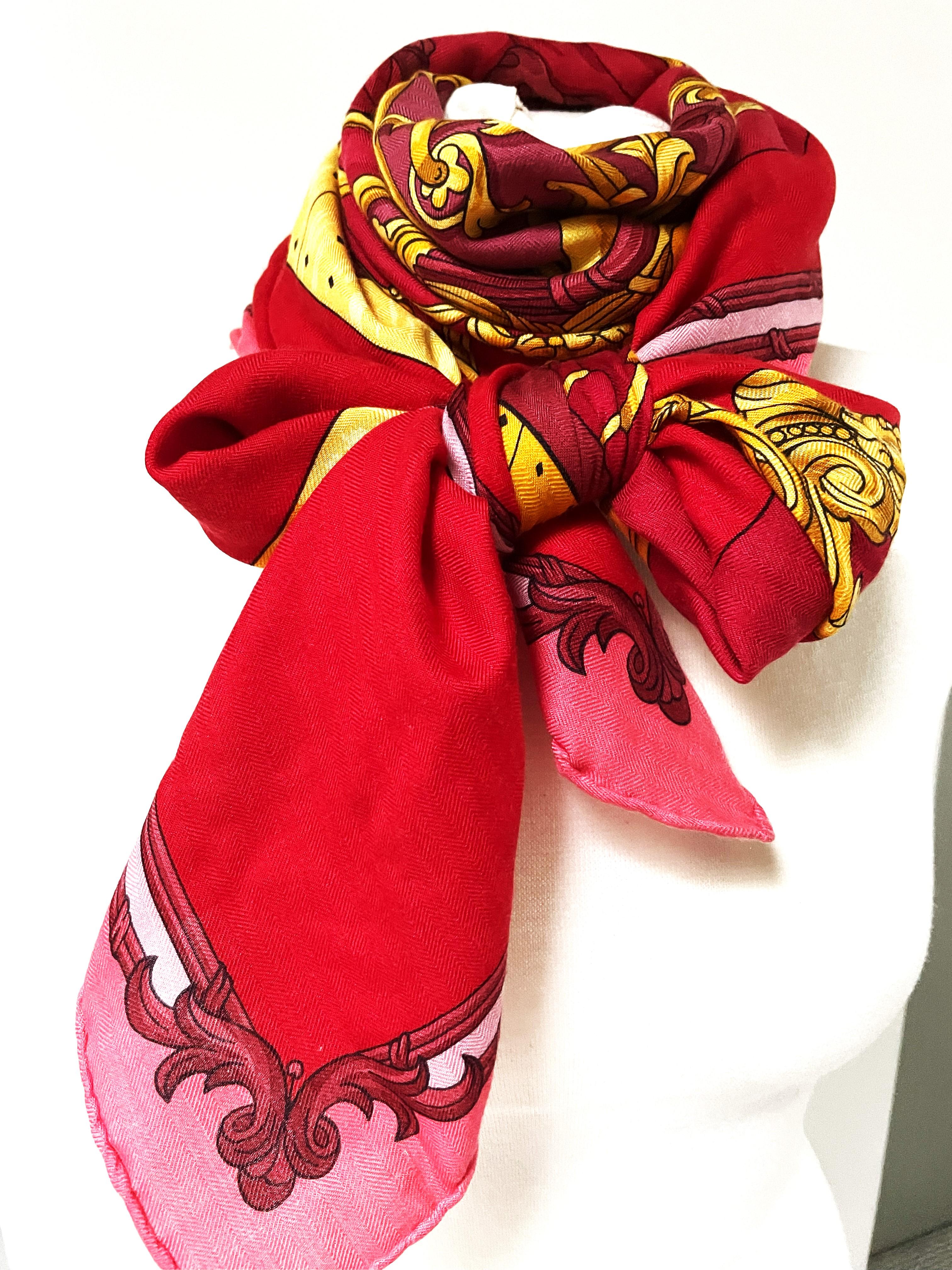 Red HERMES CASHMERE/SILK SHAWEL 130 x 130 cm 'GRAND CARROSSE PAR HERMES A PARIS' For Sale