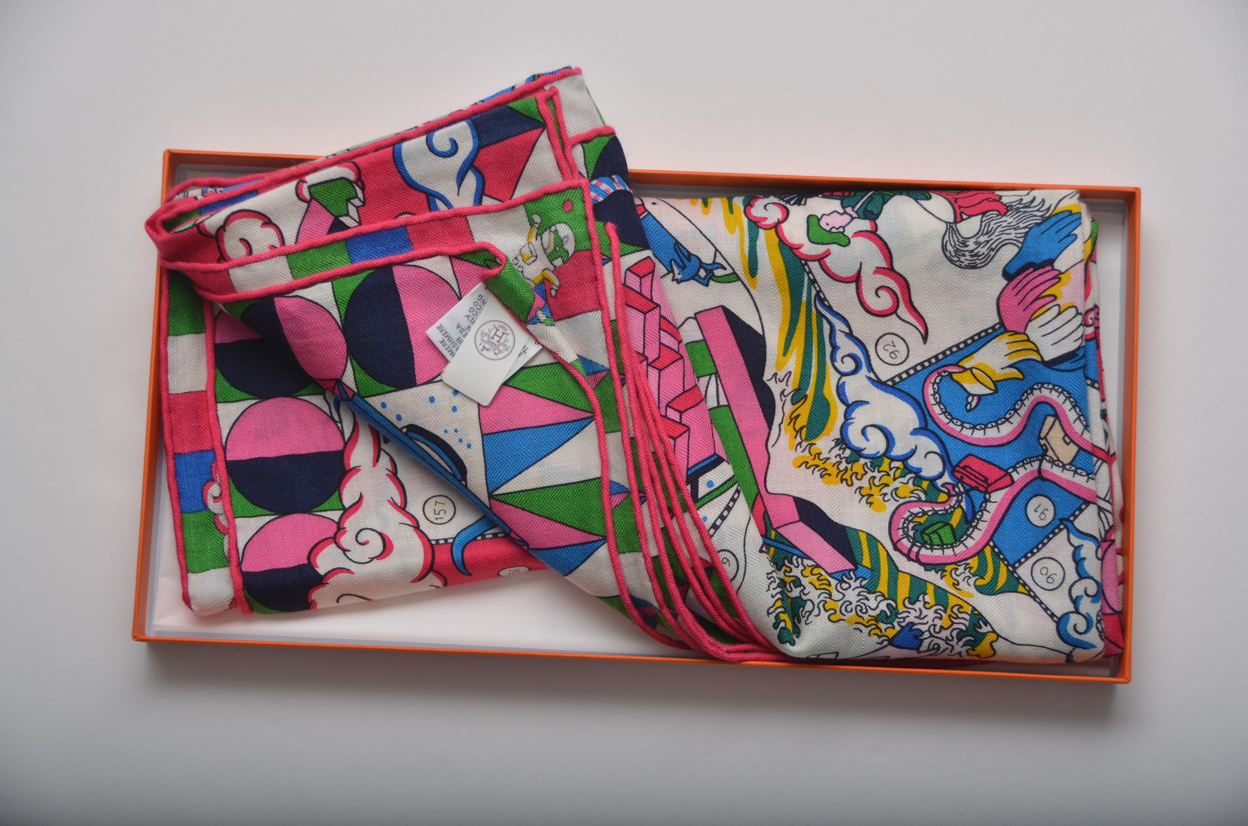 Women's HERMES Cashmere Silk Shawl Scarf 140 L'Epopee d'Hermes Pink  Multi Colors  NEW
