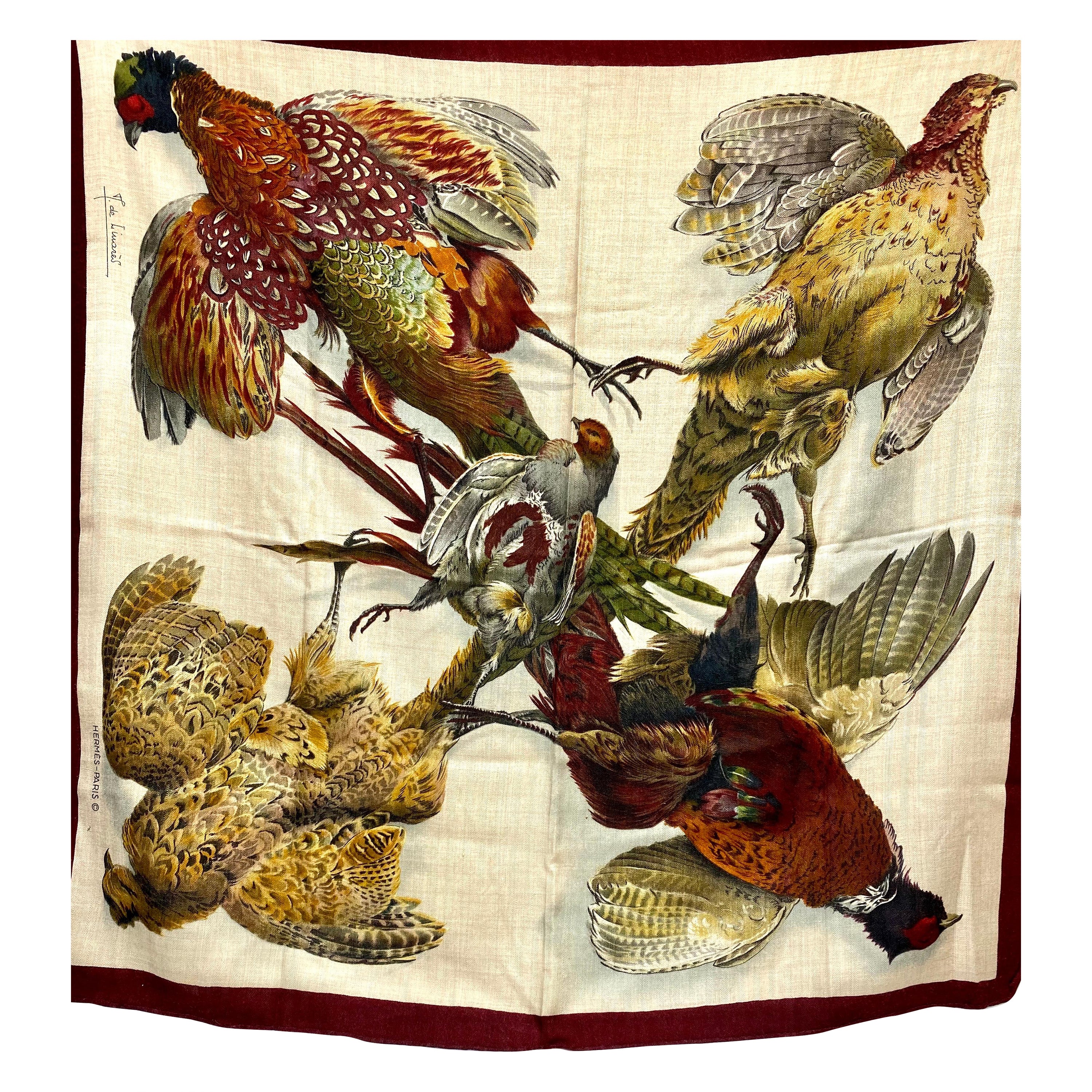 Hermes Cashmere Wine and Tan Red "Birds" Vintage Scarf