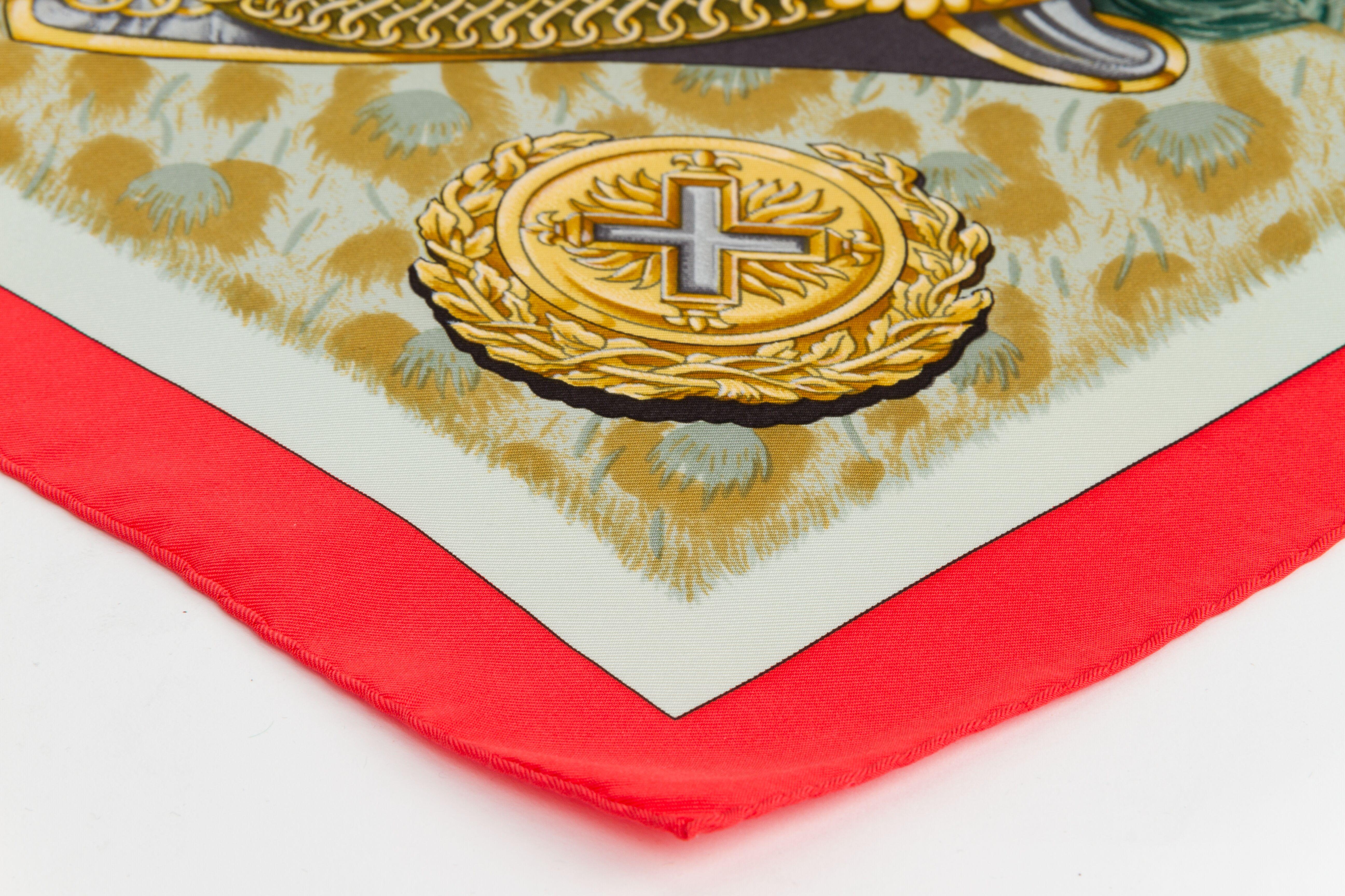 Beige Hermes Casques et Plumets Red Silk Scarf For Sale