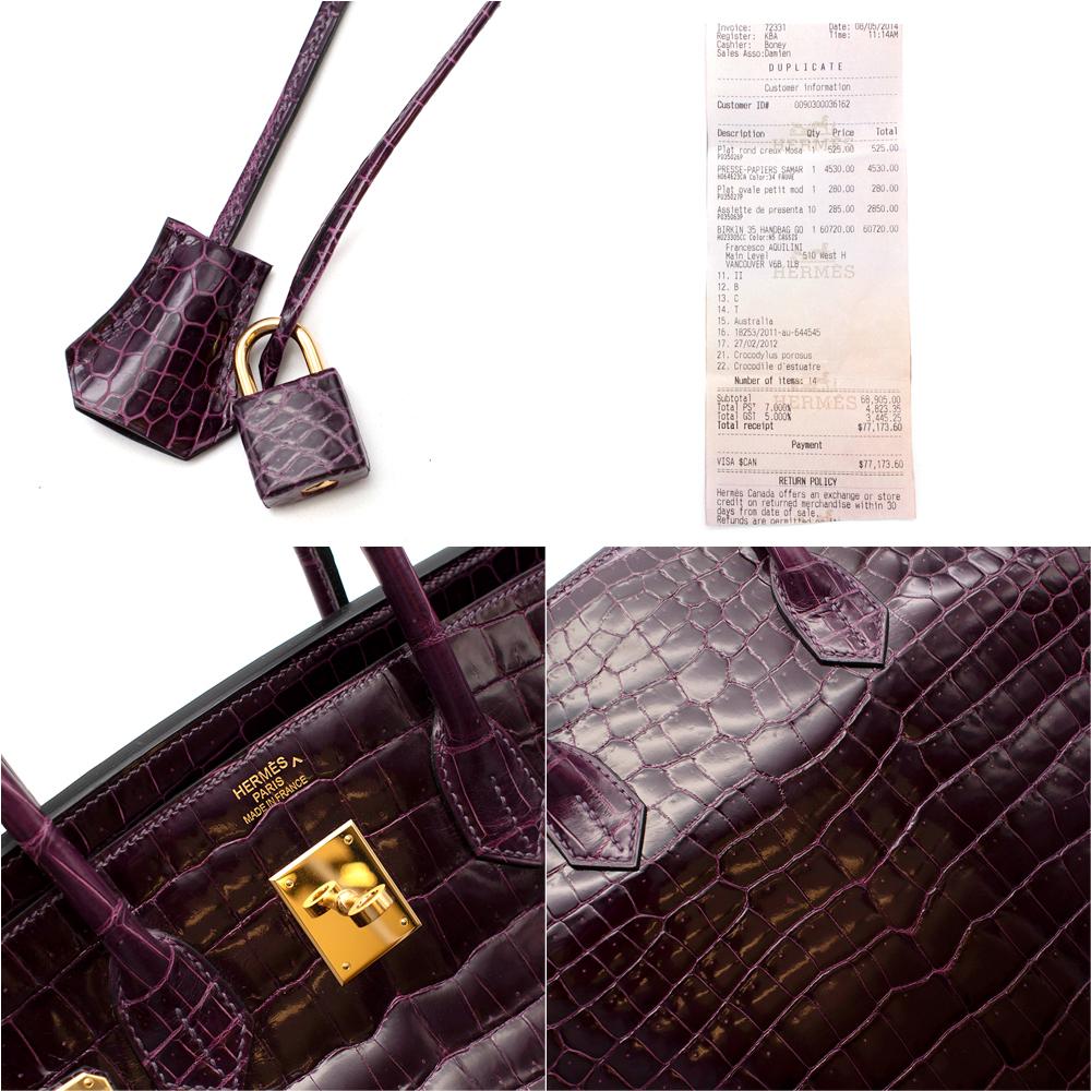 Hermes Cassis Porosus Croc Birkin 35 GHW R Square 2014  In Excellent Condition For Sale In London, GB