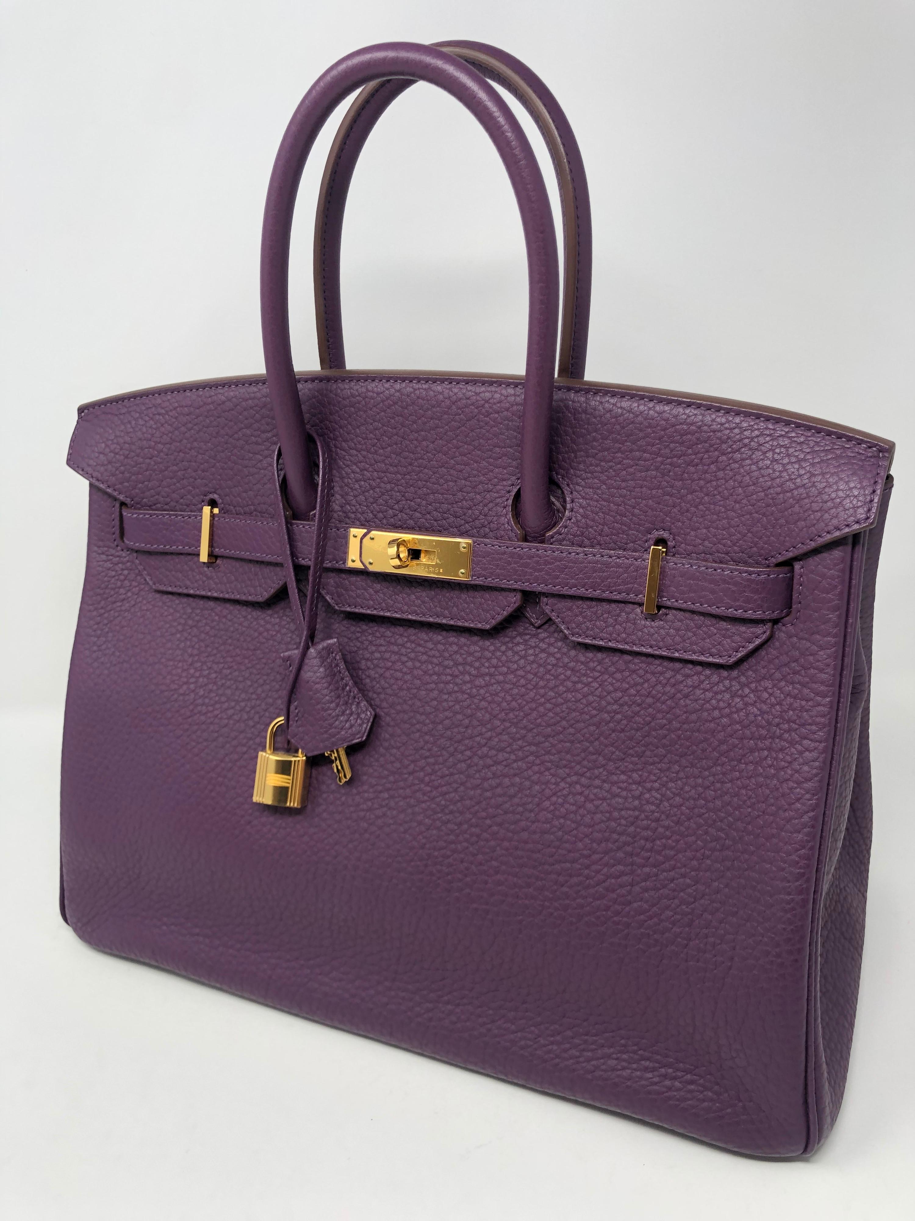 Hermes Cassis Birkin 35 Bag. Purple Cassis color with gold hardware. Excellent condition. Plastic is still on hardware. Beautiful Fjord leather. Rare color and most wanted gold hardware. Includes dust cover, clochette, lock and keys. Guaranteed