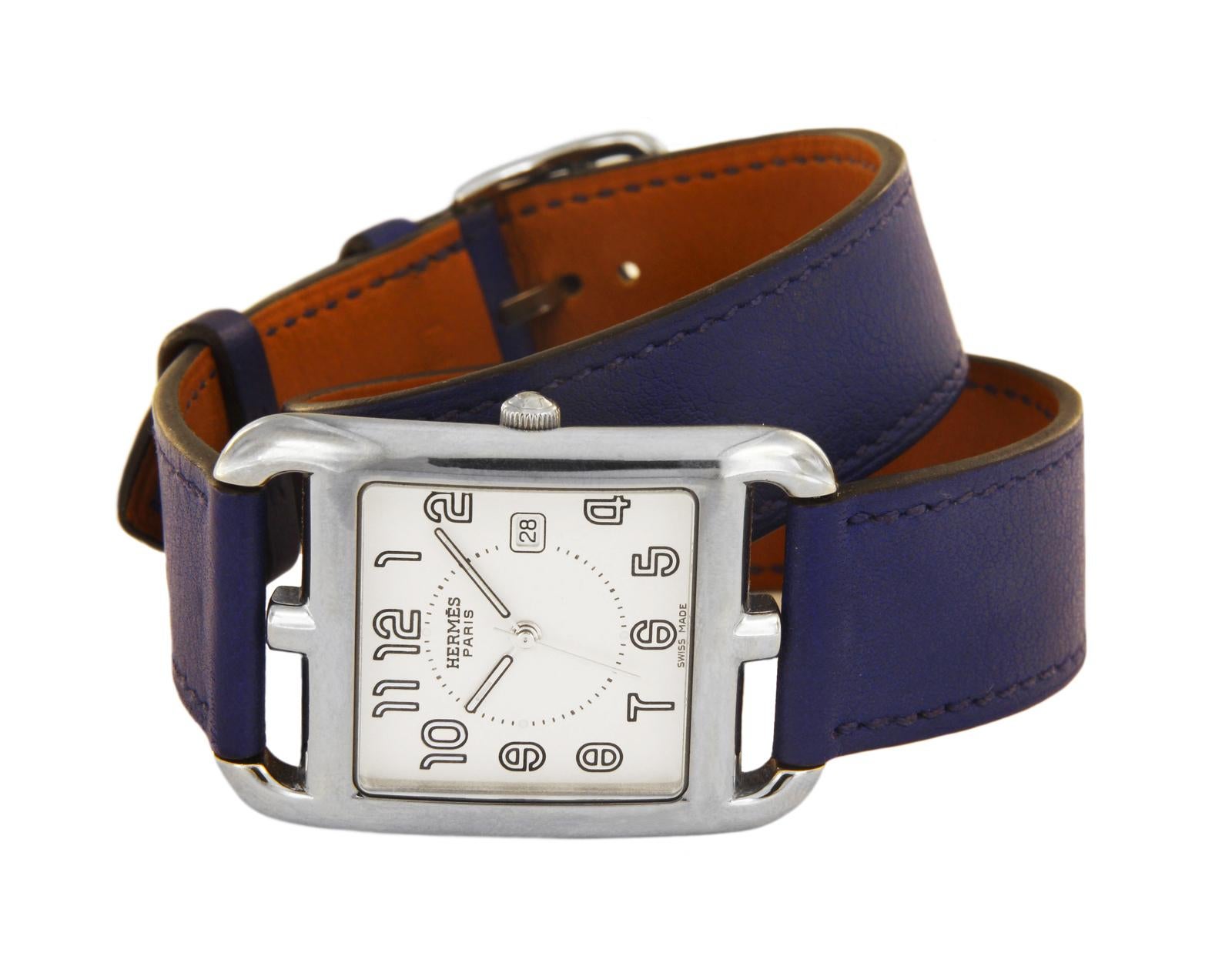 Hermes Cassis Swift Leather and Stainless Steel Cape Cod PM Double Tour Watch CC In Excellent Condition In New York, NY