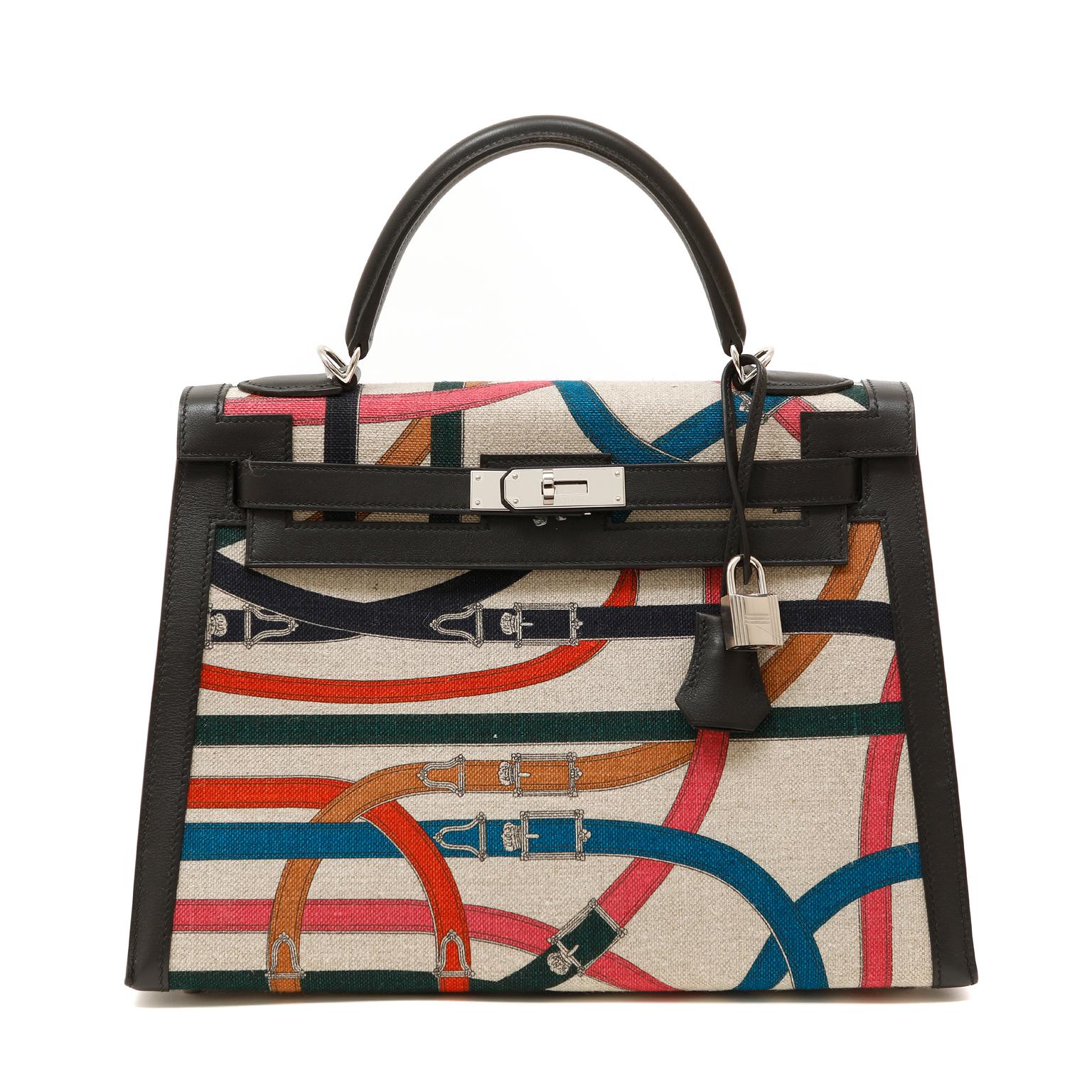 Hermès Cavalcadour Toile and Black Swift 32 cm Kelly Limited Edition at ...