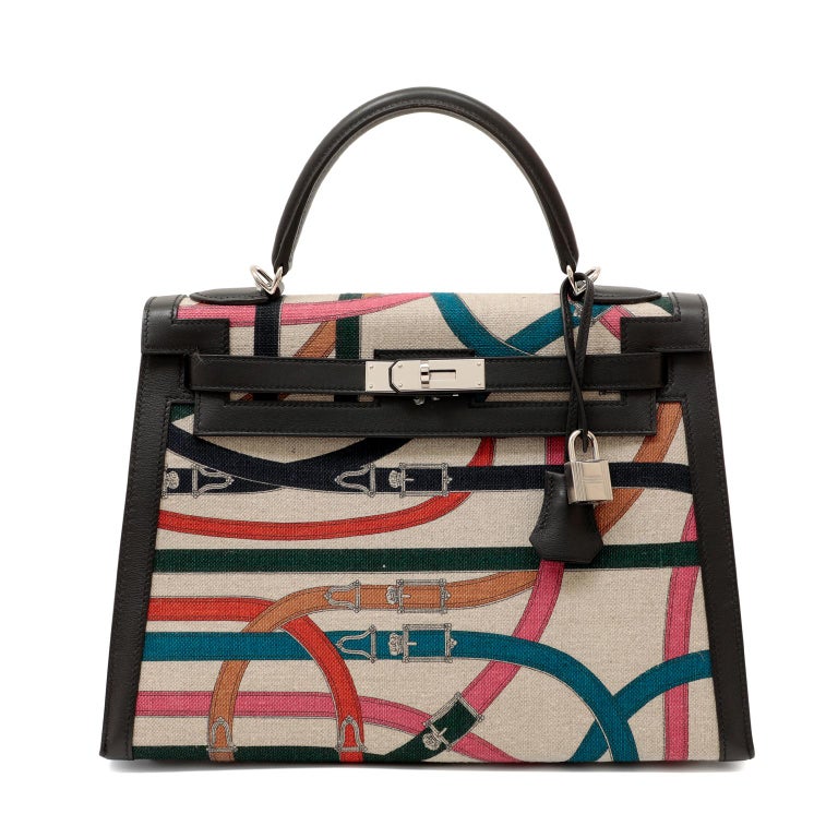 Hermès Cavalcadour Toile and Black Swift 32 cm Kelly Limited Edition For Sale 3