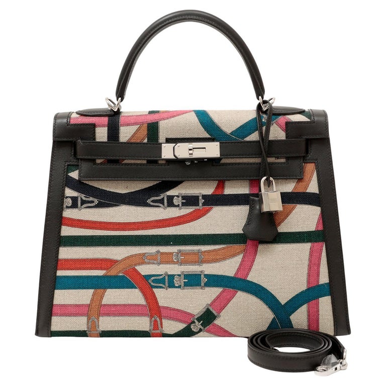 Hermès Cavalcadour Toile and Black Swift 32 cm Kelly Limited Edition For Sale