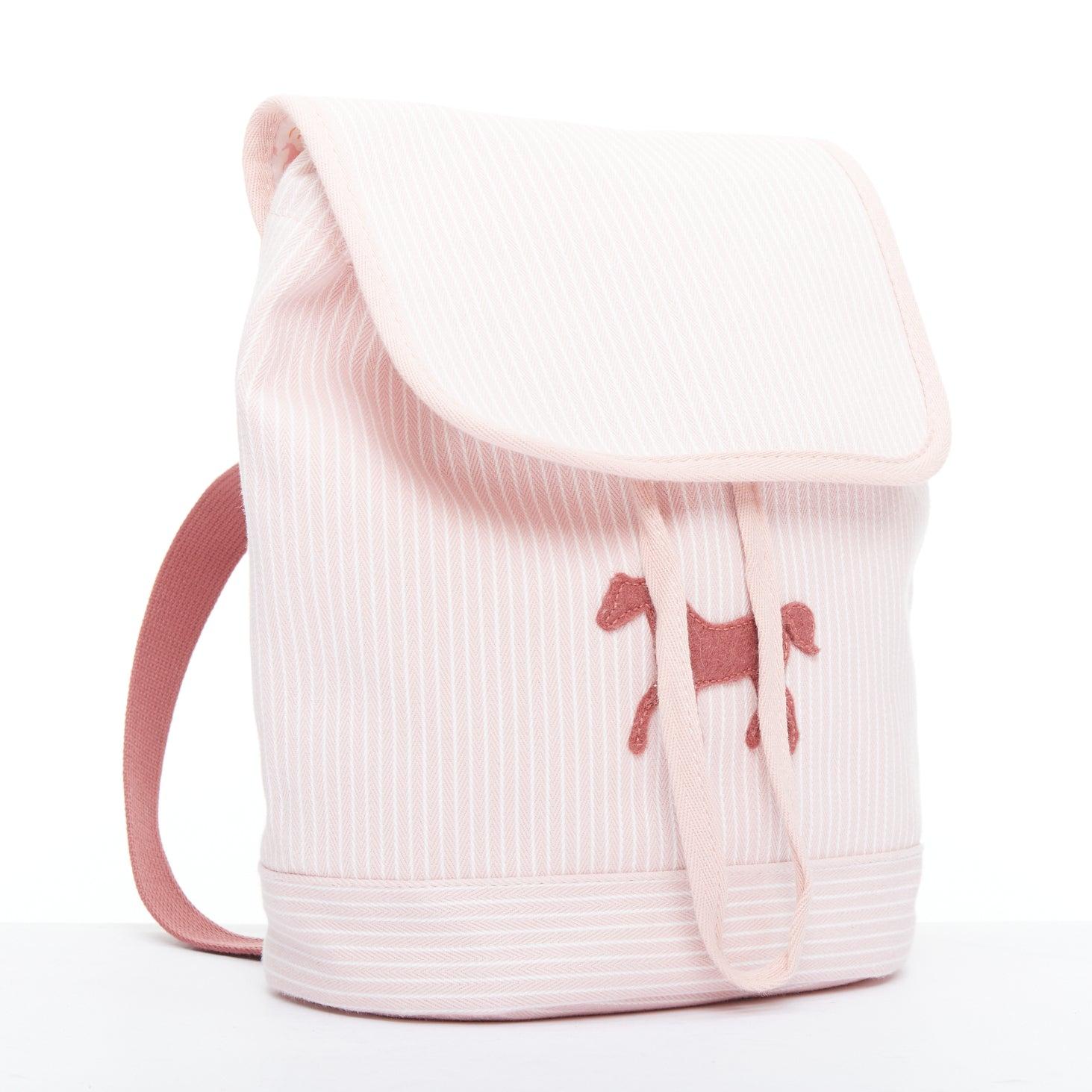 HERMES Cavalcolor pink white cotton wool felt horse backpack
Reference: KYCG/A00154
Brand: Hermes
Model: Cavalcolor Baclpack
Material: Cotton
Color: Pink, White
Pattern: Striped
Closure: Drawstring
Lining: Multicolour Fabric
Extra Details: Backpack