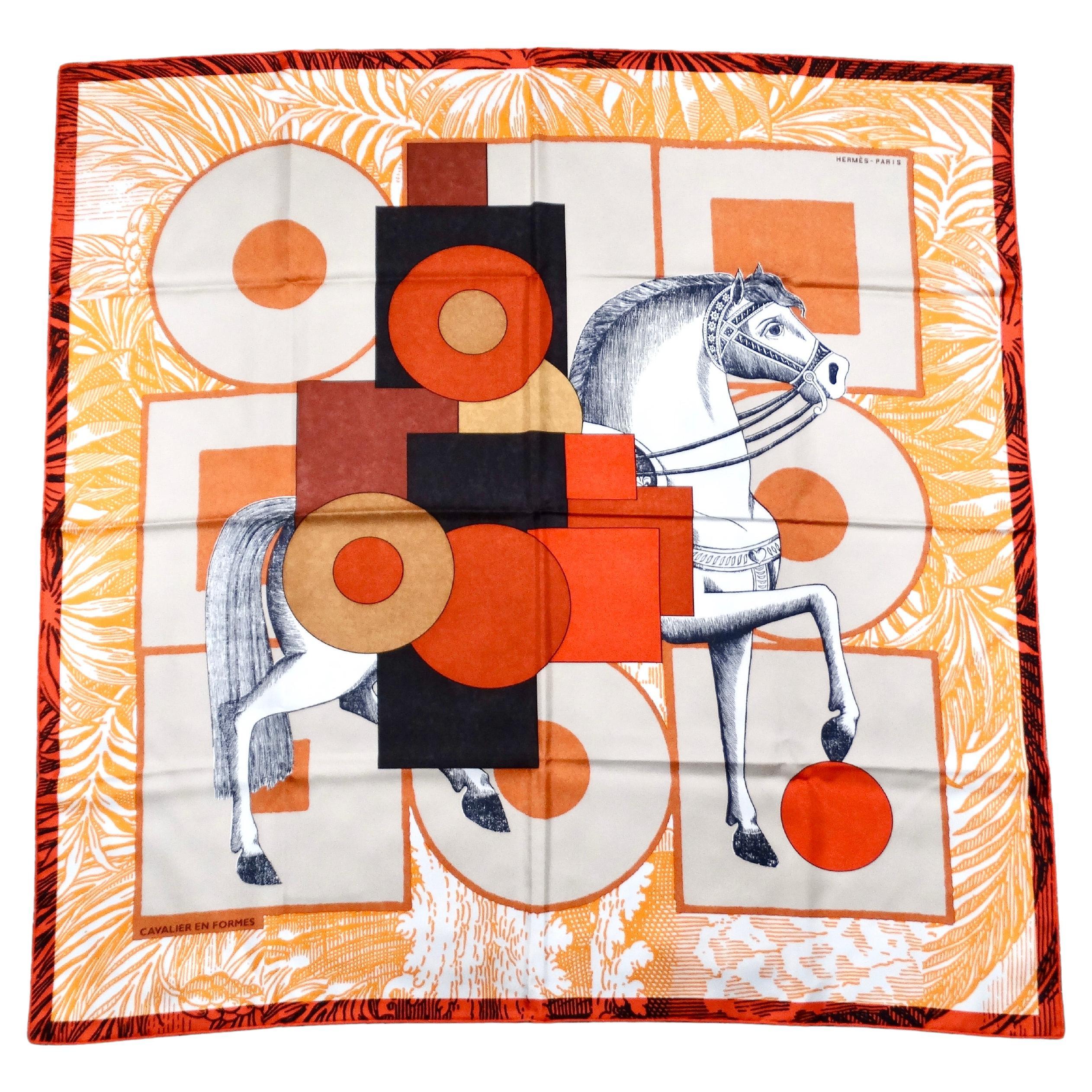 Hermes "Cavalier en Formes" 90 cm Orange Silk Horse Print Scarf For Sale