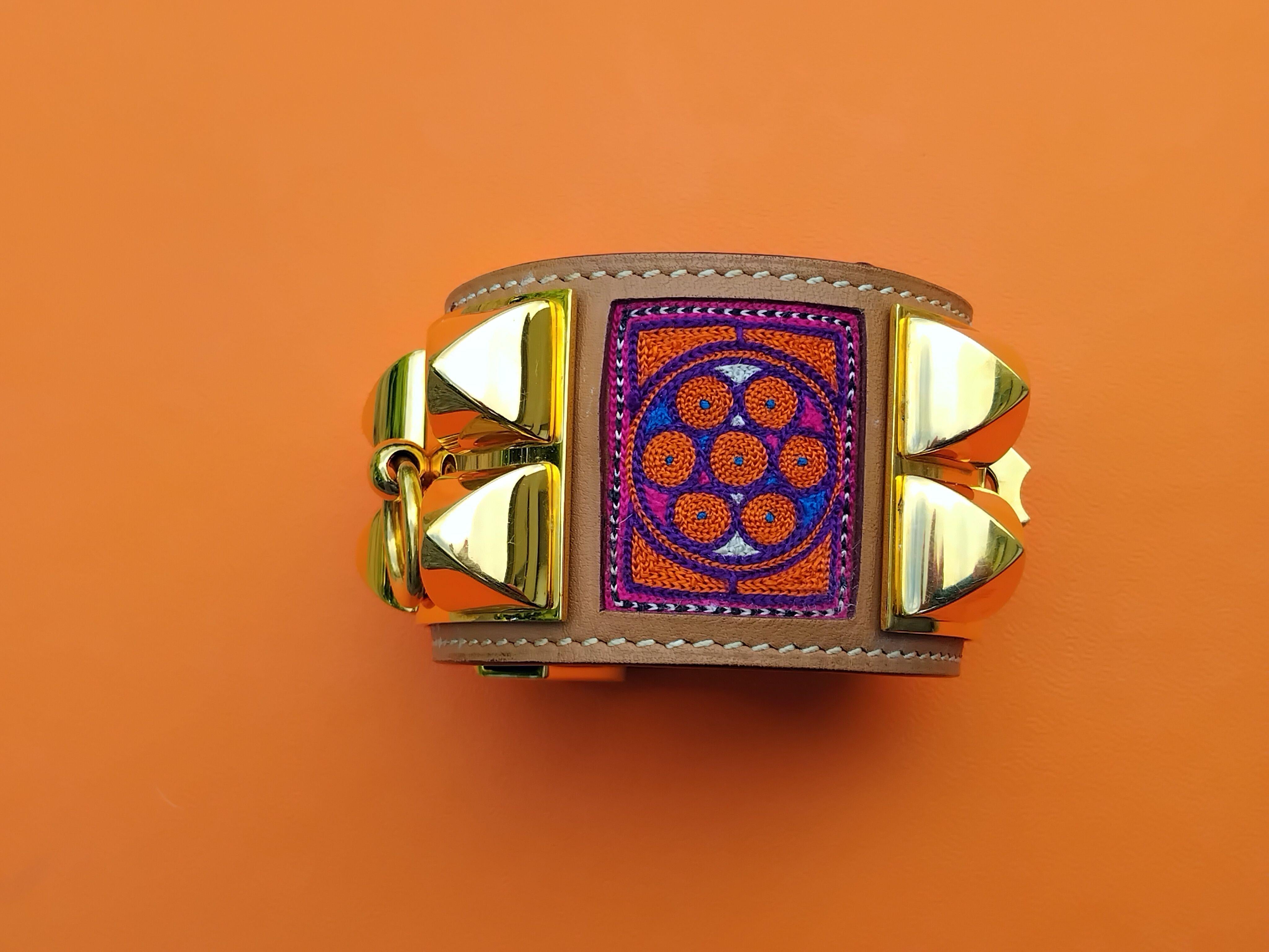 Hermès CDC Bracelet Collier De Chien Cuff Embroidered India 2008 Golden Hdw 4