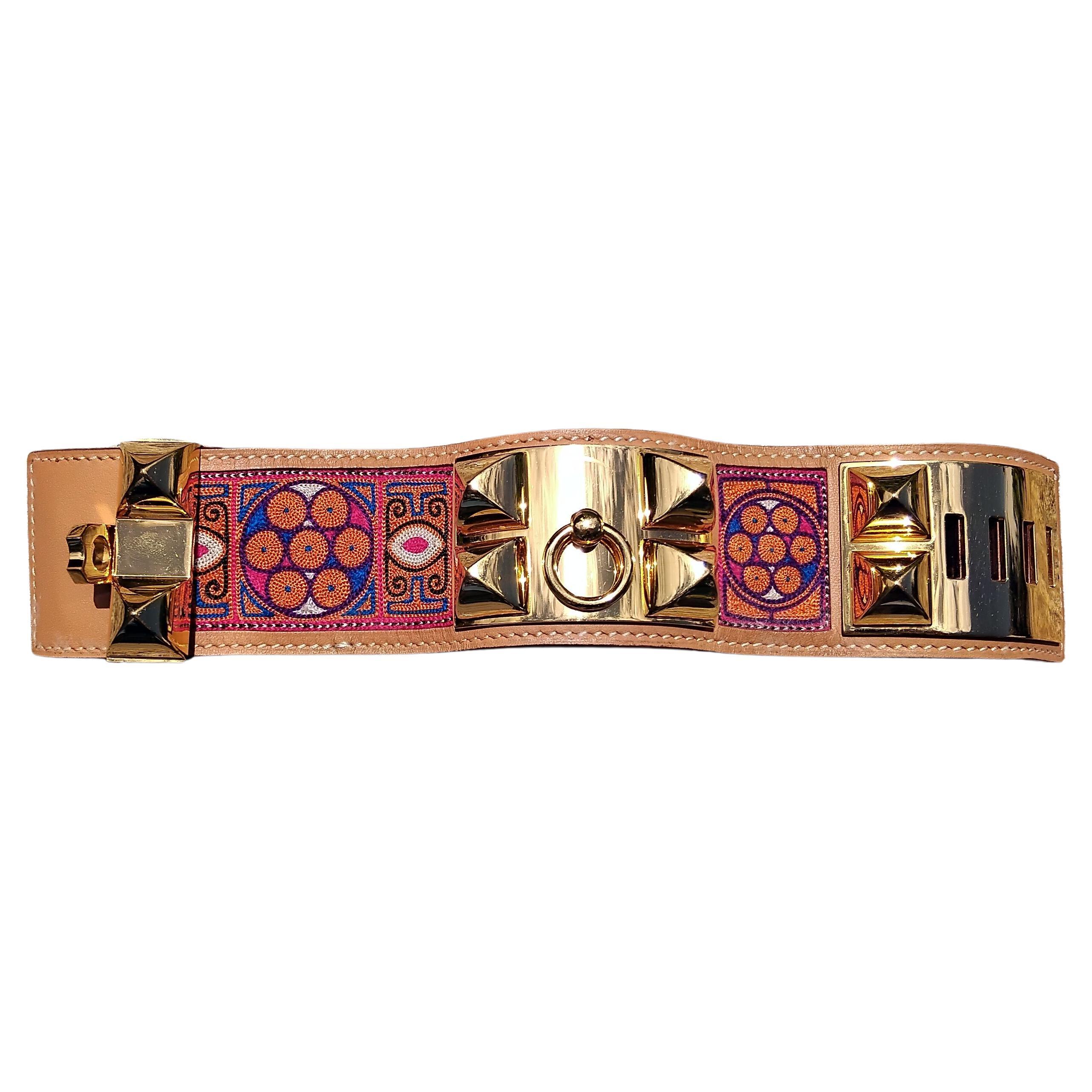 Women's Hermès CDC Bracelet Collier De Chien Cuff Embroidered India 2008 Golden Hdw