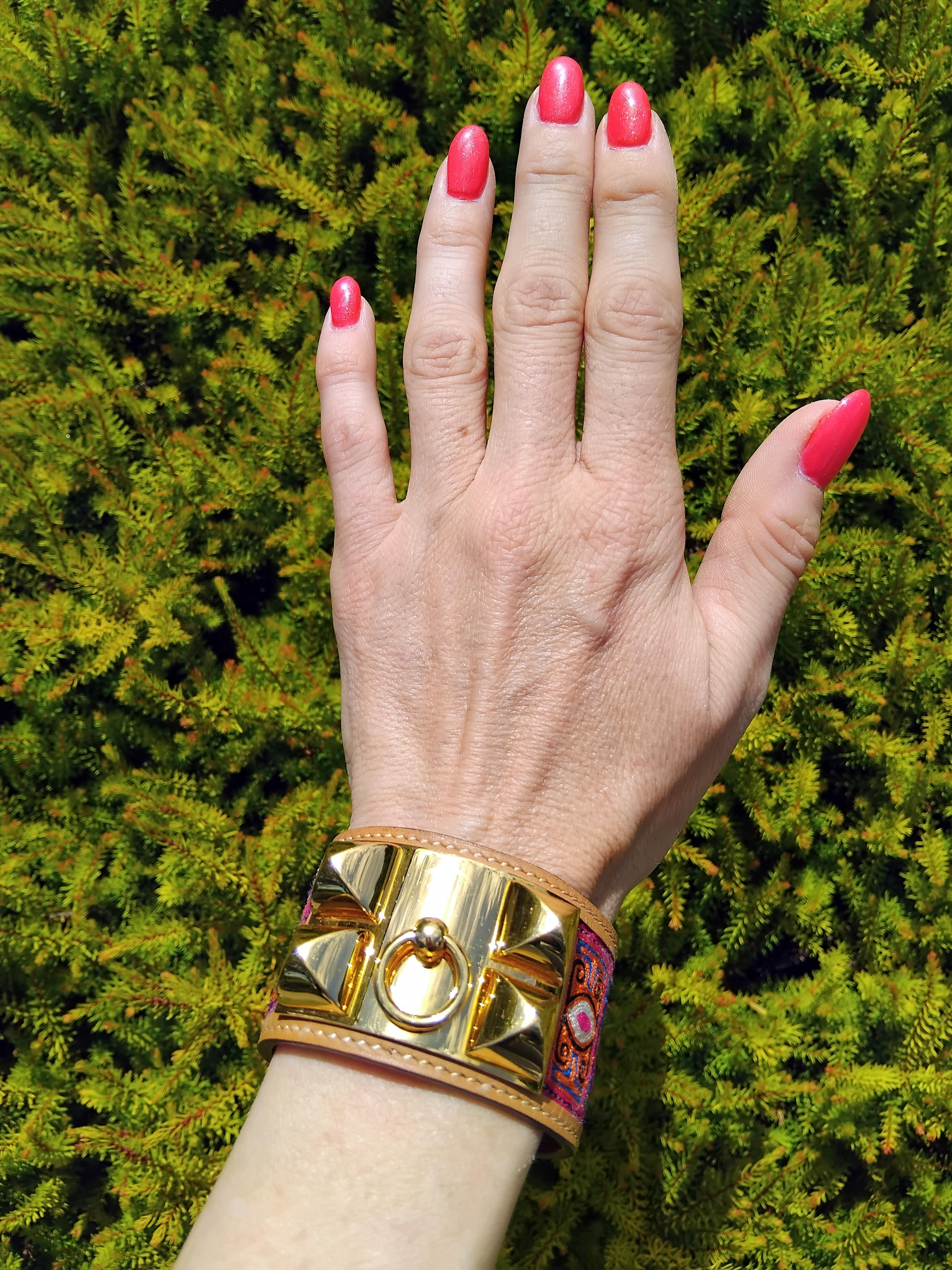 Hermès CDC Bracelet Collier De Chien Cuff Embroidered India 2008 Golden Hdw 10