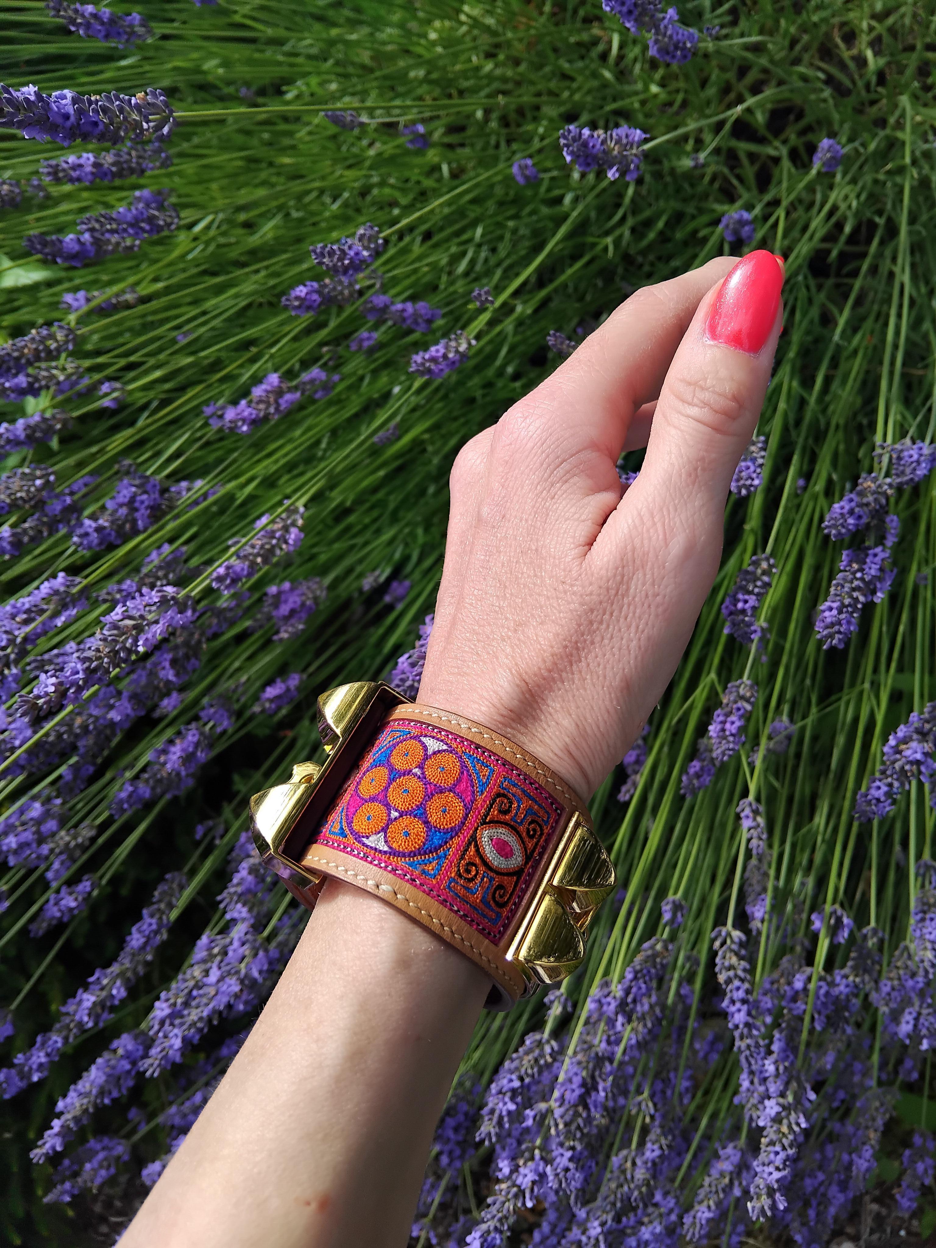 Hermès CDC Bracelet Collier De Chien Cuff Embroidered India 2008 Golden Hdw 11