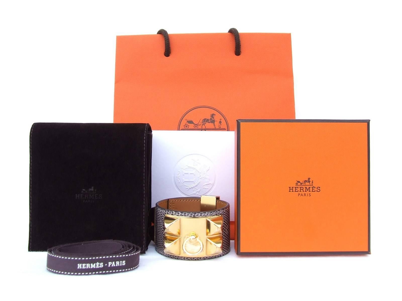 Hermès CDC Bracelet Collier De Chien Cuff Ombre Lizard Natural GHW S Full Set en vente 7