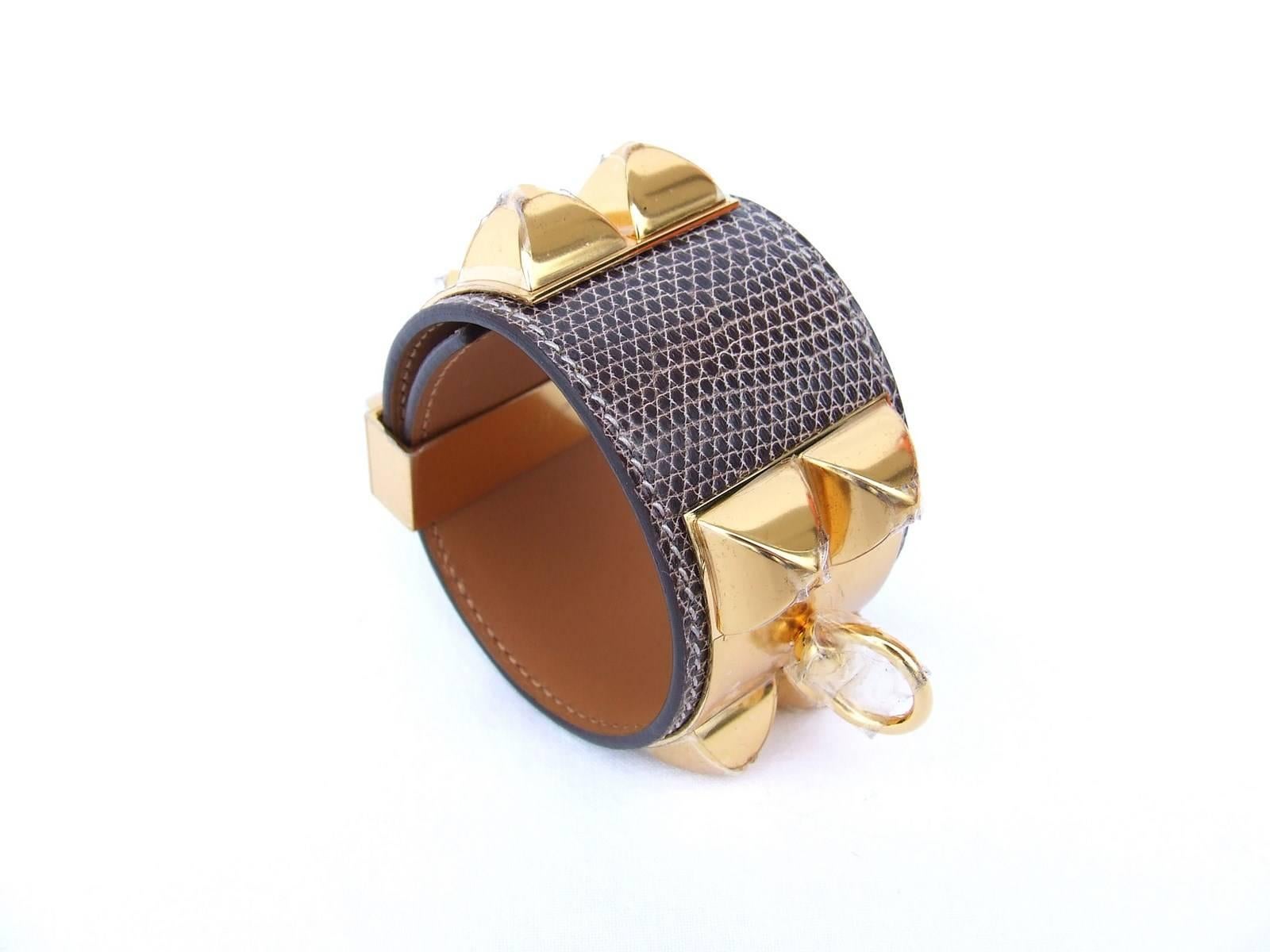 Hermès CDC Bracelet Collier De Chien Cuff Ombre Lizard Natural GHW S Full Set en vente 2