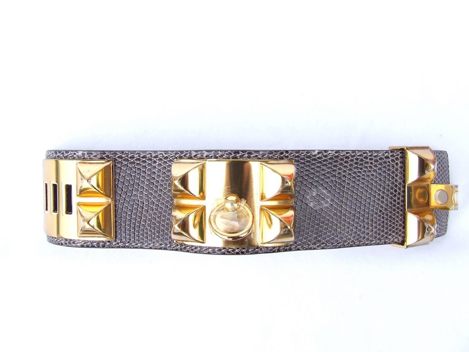 Hermès CDC Bracelet Collier De Chien Cuff Ombre Lizard Natural GHW S Full Set en vente 3