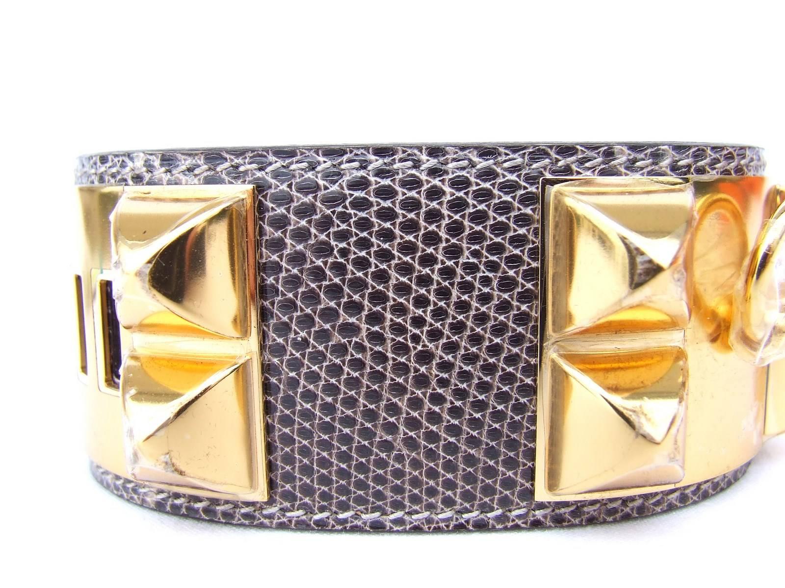 Hermès CDC Bracelet Collier De Chien Cuff Ombre Lizard Natural GHW S Full Set en vente 4