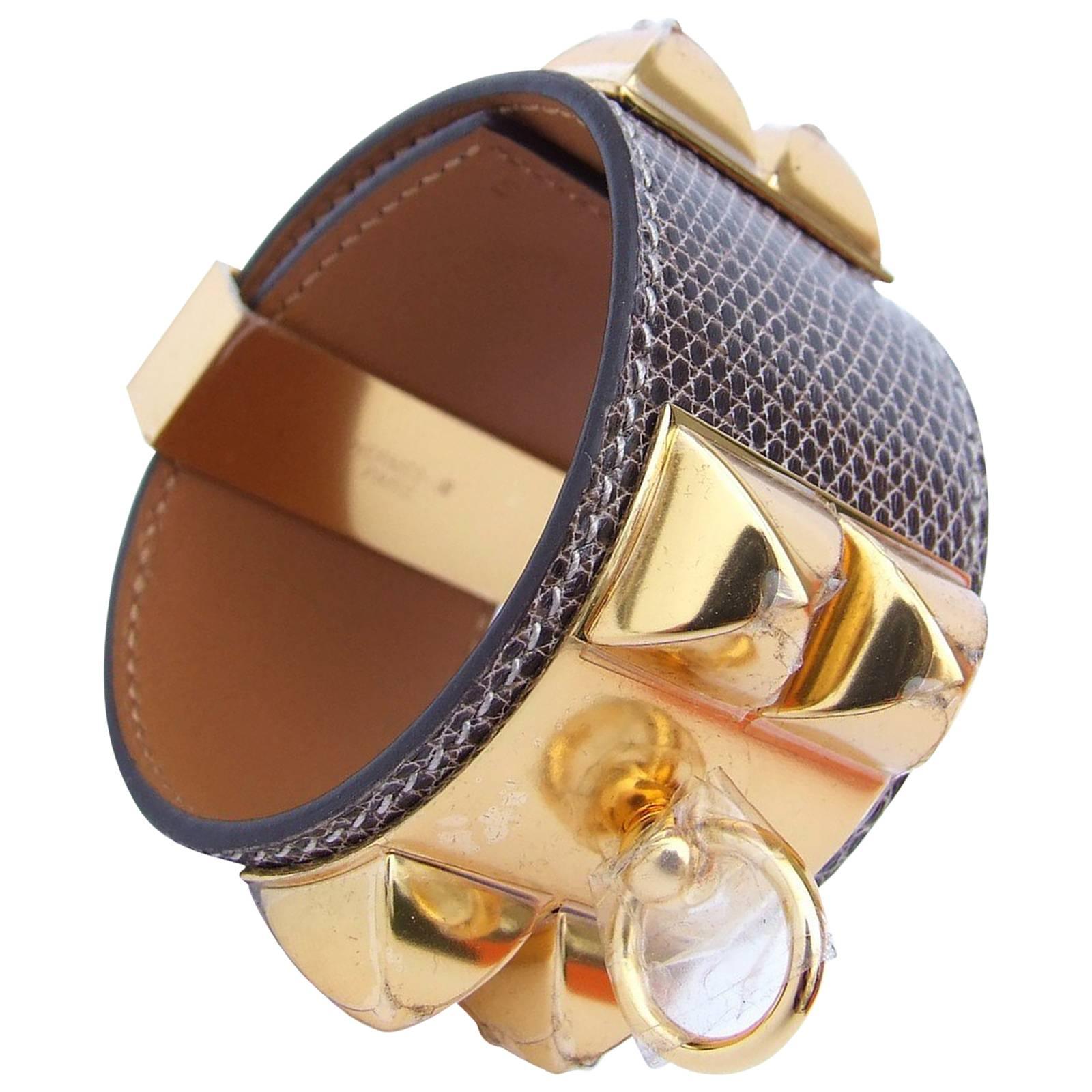 Hermès CDC Bracelet Collier De Chien Cuff Ombre Lizard Natural GHW S Full Set en vente