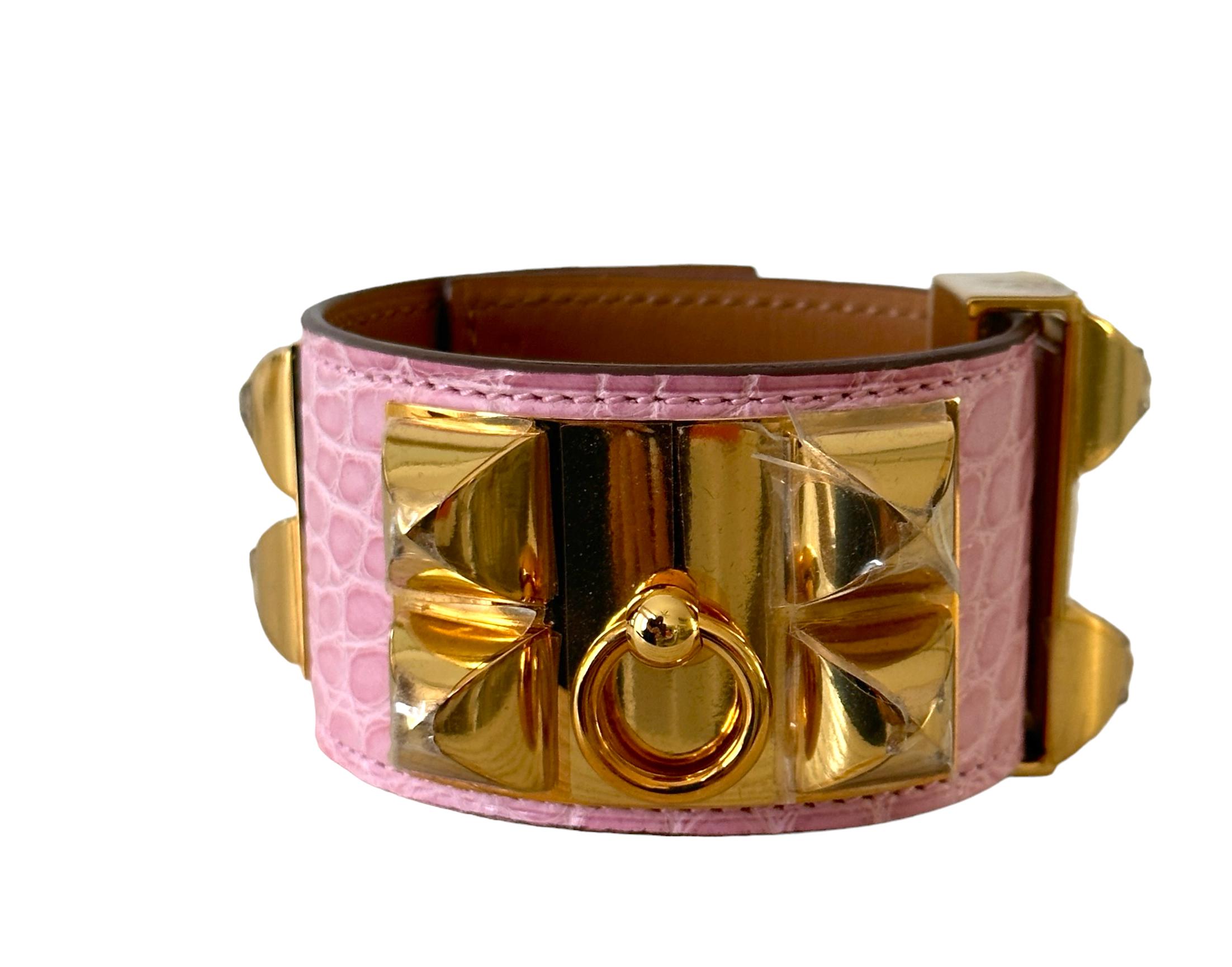 Women's or Men's New Hermes CDC Collier de Chien 5p Pink Bubblegum Alligator Gold  Bracelet