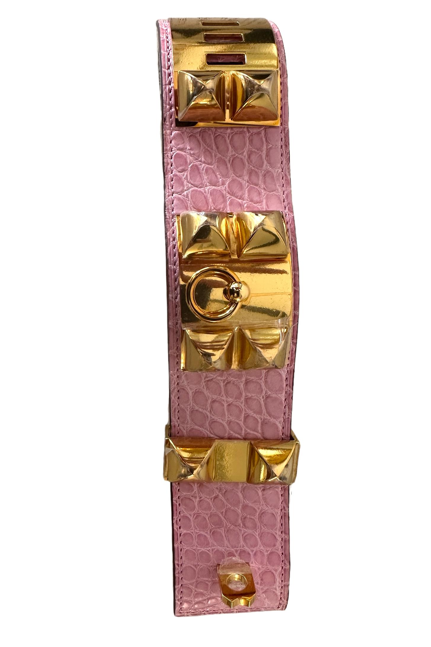 Neu Hermes CDC Collier de Chien 5p Rosa Bubblegum Alligator Gold  Armbänder 1