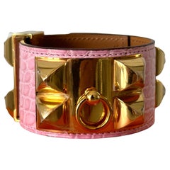 New Hermes CDC Collier de Chien 5p Pink Bubblegum Alligator Gold  Bracelet