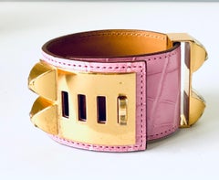 Hermes CDC Collier de Chien Bubblegum Pink Croc Alligator Gold Hardware