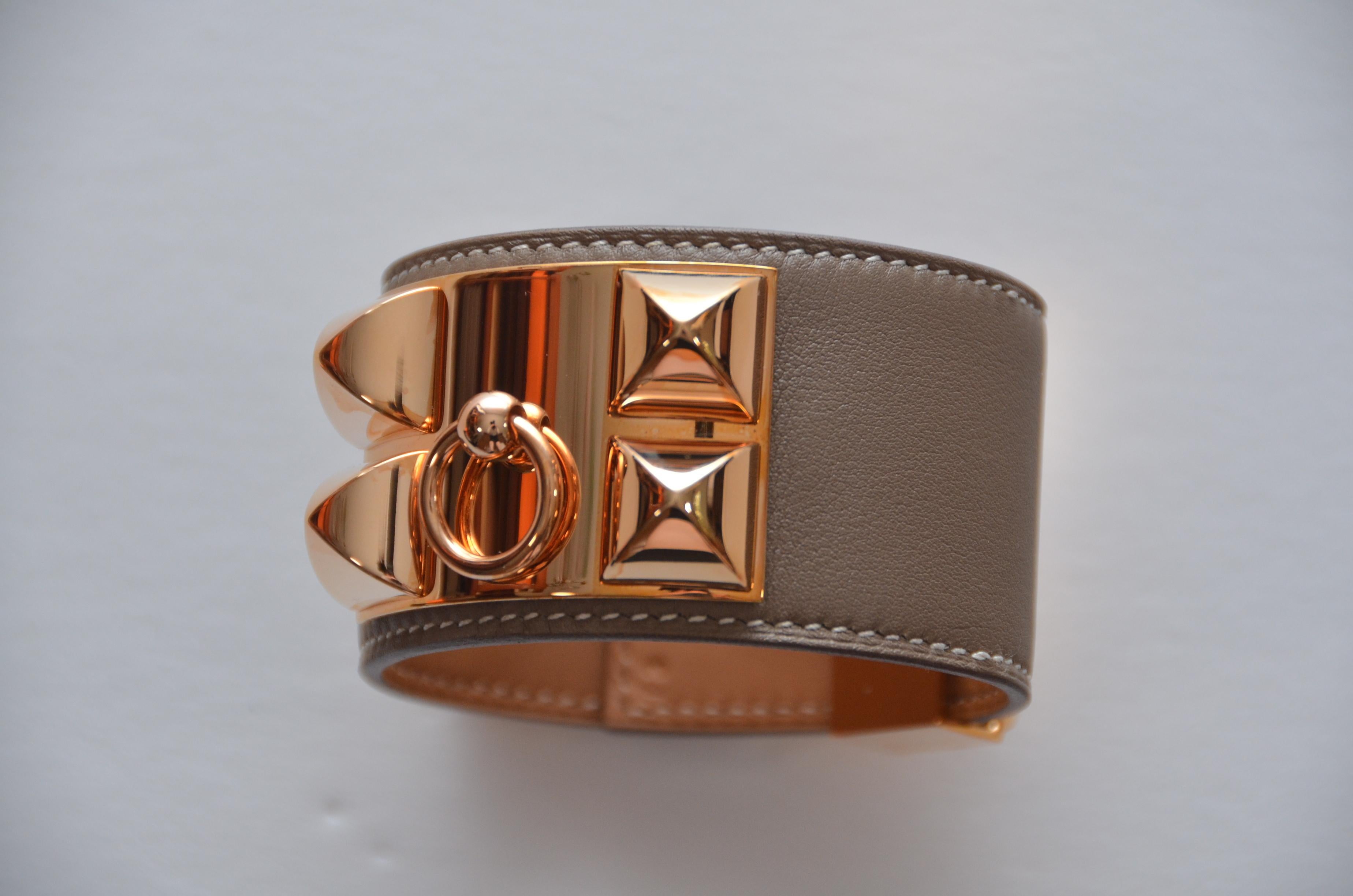 Hermes Collier de Chien Swift CDC Cuff
New never used but it does have minor flaws.
We kept plastic on and it left some flaws on rose gold hardware .Please see pictures.
T3 size
Final sale