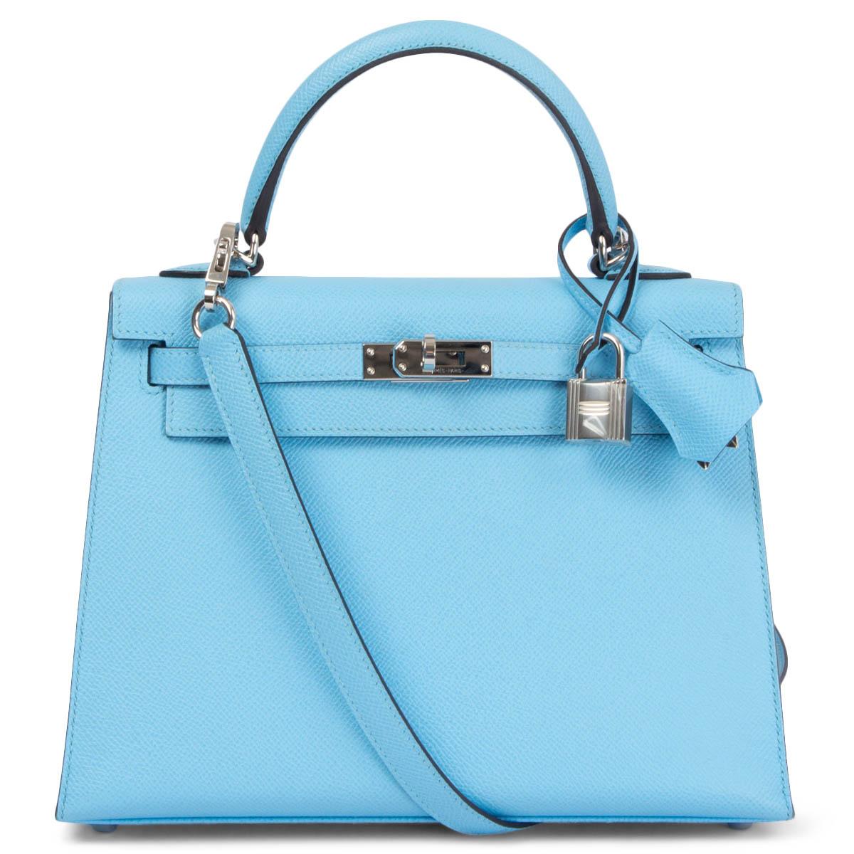 Women's HERMES Celeste blue Epsom leather KELLY 25 SELLIER Bag w Palladium For Sale