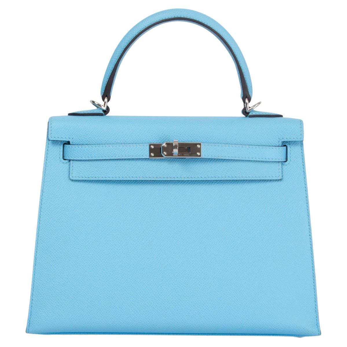 HERMES Celeste blue Epsom leather KELLY 25 SELLIER Bag w Palladium For Sale