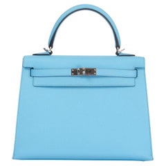 HERMES Celeste blue Epsom leather KELLY 25 SELLIER Bag w Palladium