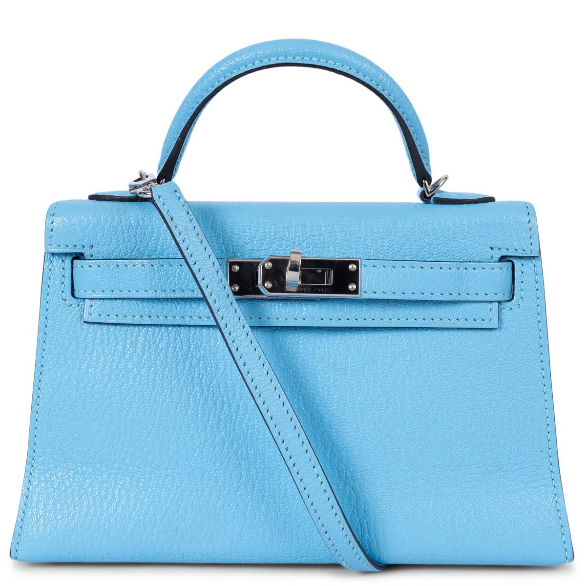 HERMES Celeste blue Mysore leather MINI KELLY 20 SELLIER Bag Phw