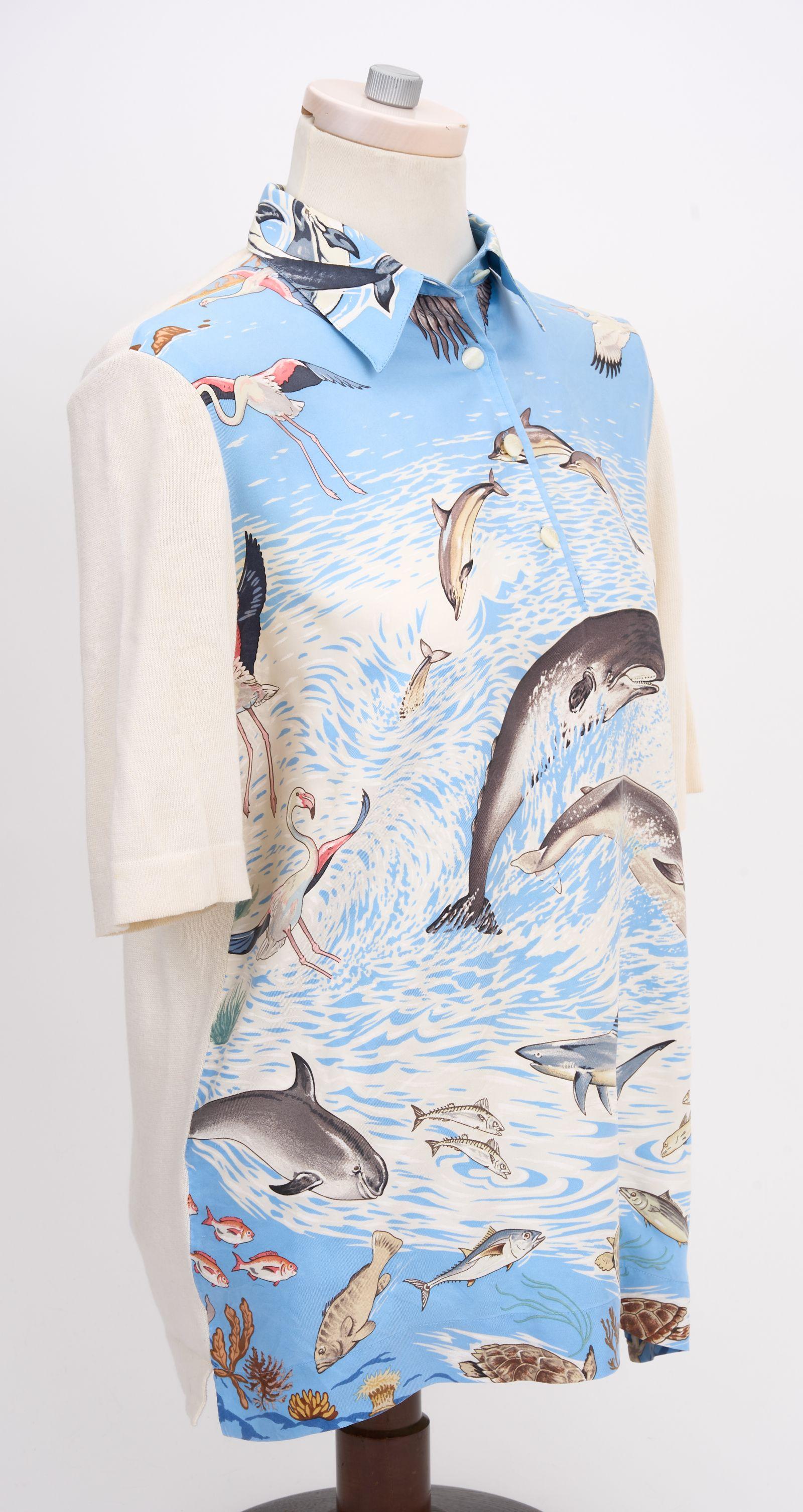 Gray Hermès Celeste Dolphins Silk Print Polo For Sale