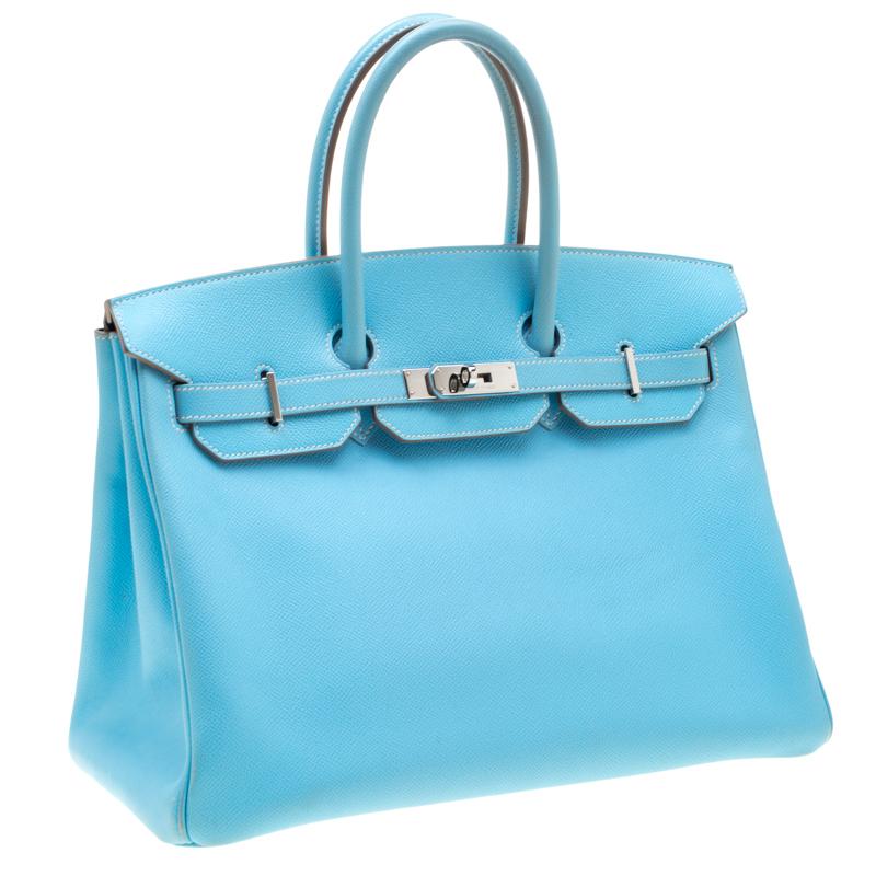 Blue Hermes Celeste Epsom Leather Palladium Hardware Birkin 35 Bag