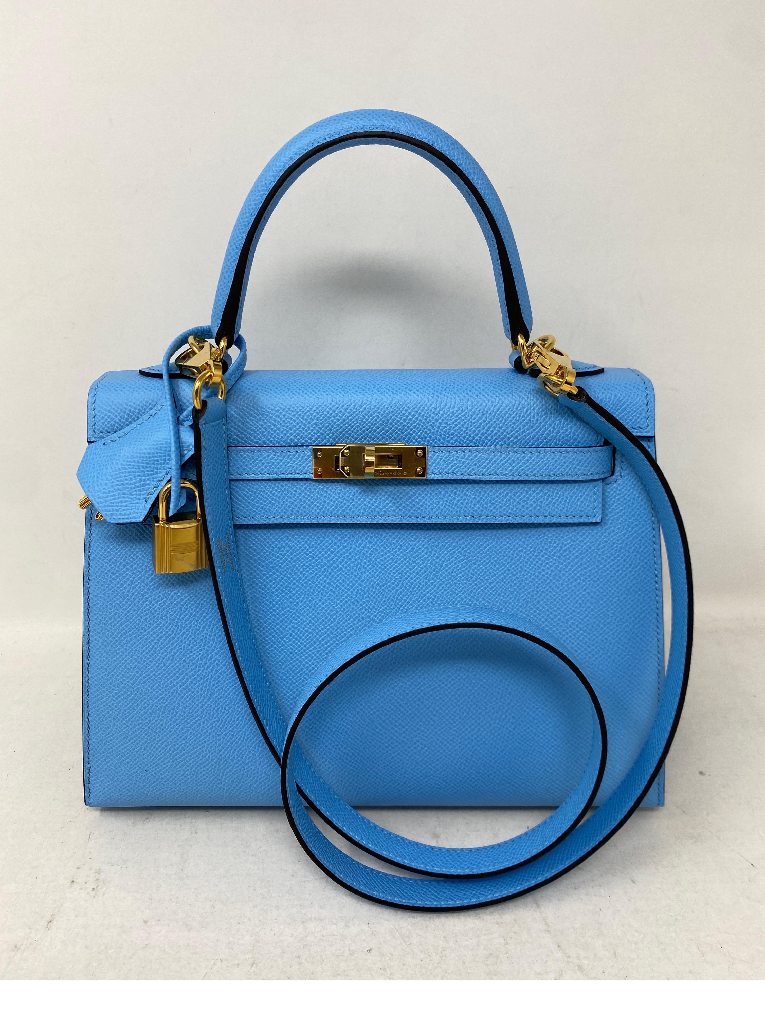 Hermes Celeste Kelly 25 Bag. Gold hardware. Excellent condition. New Kelly 25 Bag. Epsom leather and sellier. Rare size and color. Includes clochette, lock, keys, and dust bag. Guaranteed authentic. 