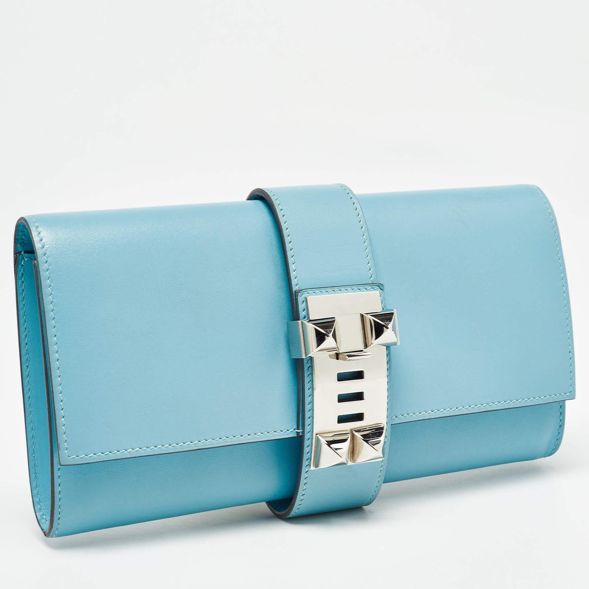 Blue Hermes Celeste Tadelakt Leather Medor Clutch