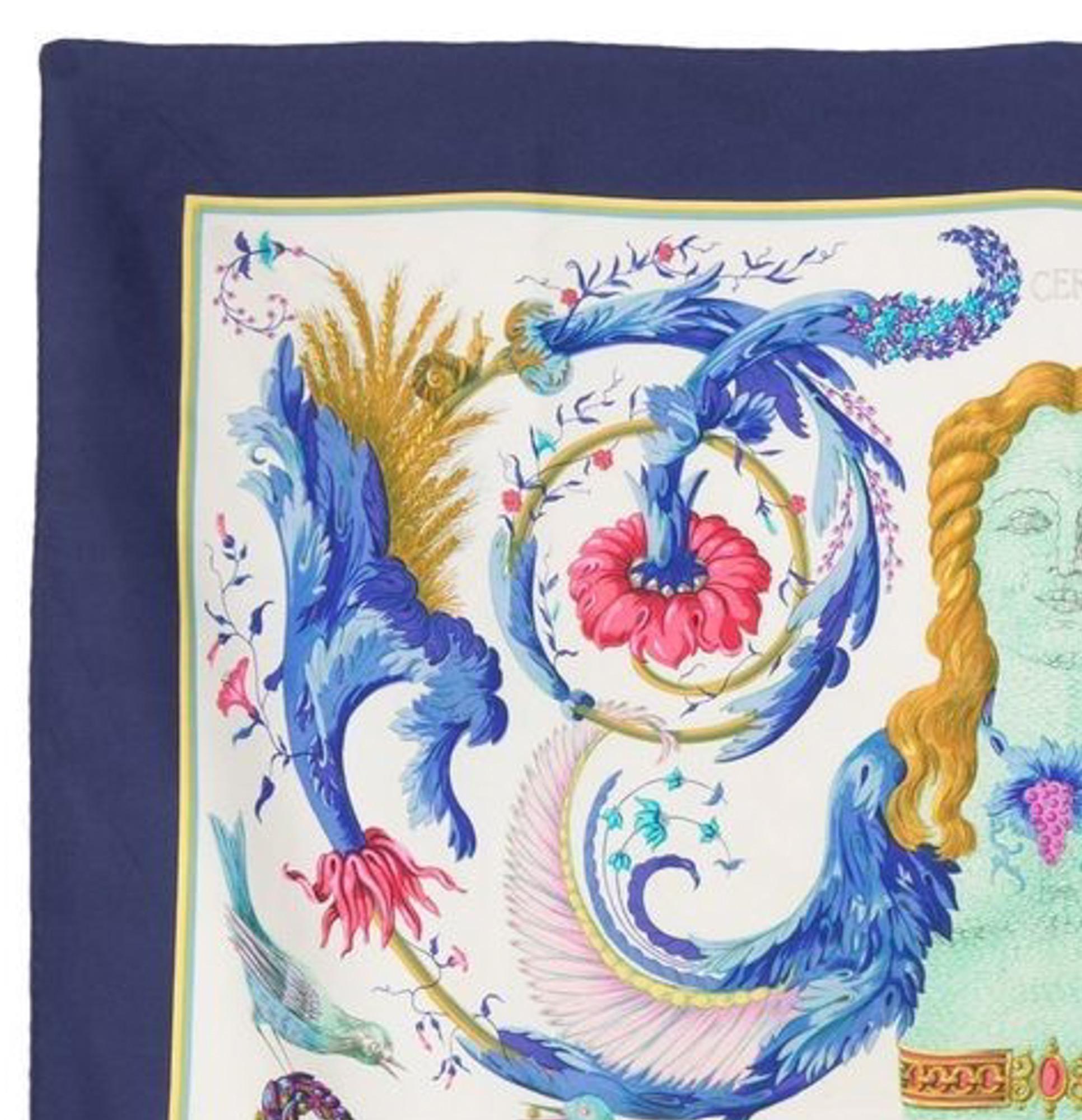 Hermes silk scarf Ceres by Françoise Faconnet featuring a blue border, and a top logo signature. 
Circa 1990s.
In good vintage condition. Made in France.
35,4in. (90cm)  X 35,4in. (90cm)
We guarantee you will receive this  iconic item as described