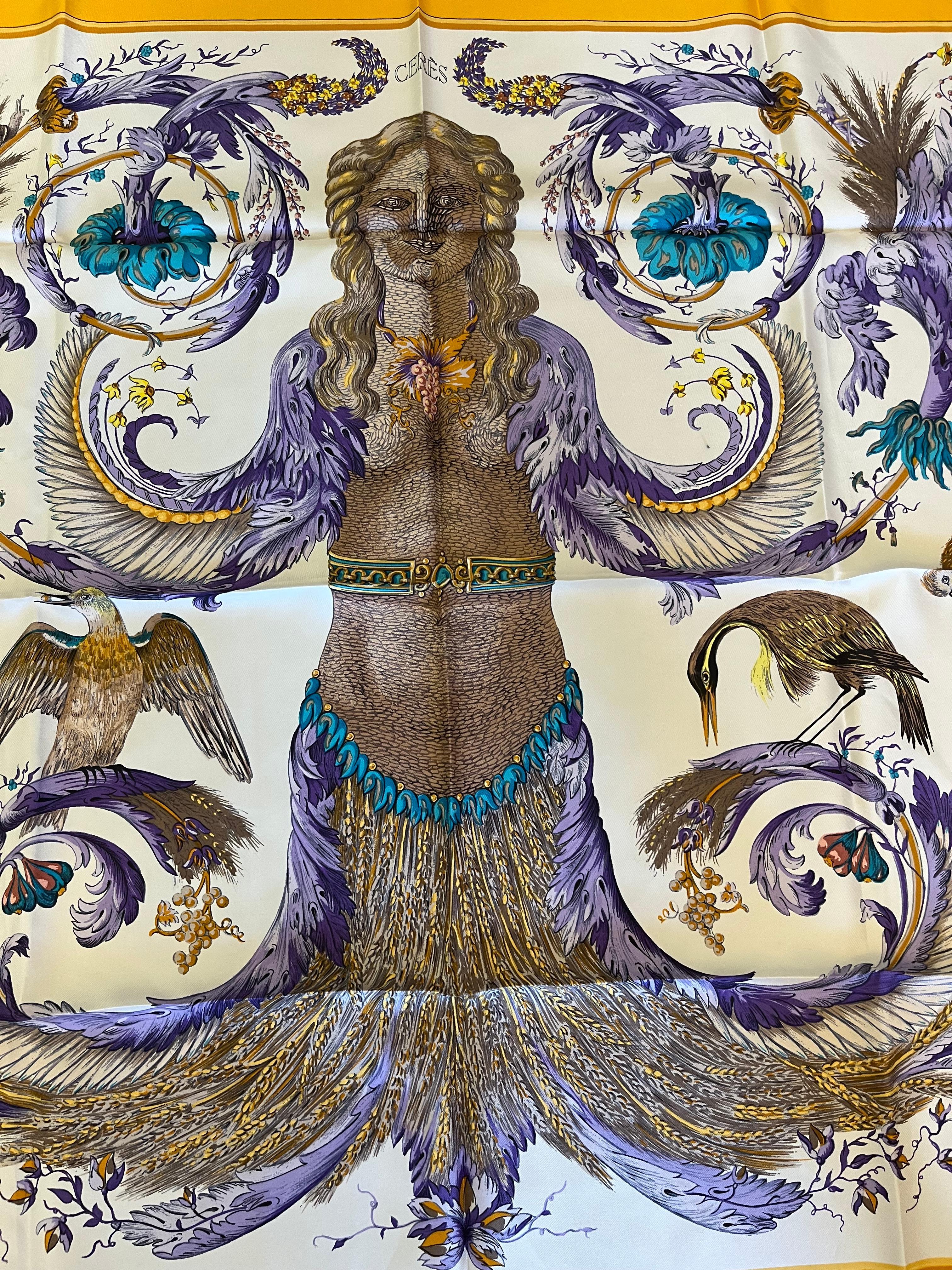 1967 Hermes silk scarf designed by Francoise Faconnet . This vintage silk scarf is in amazing condition and its hand rolled hems are nice and plump. Ceres in ancient Roman mythology is the goddess of agriculture, grain crops, fertility and motherly