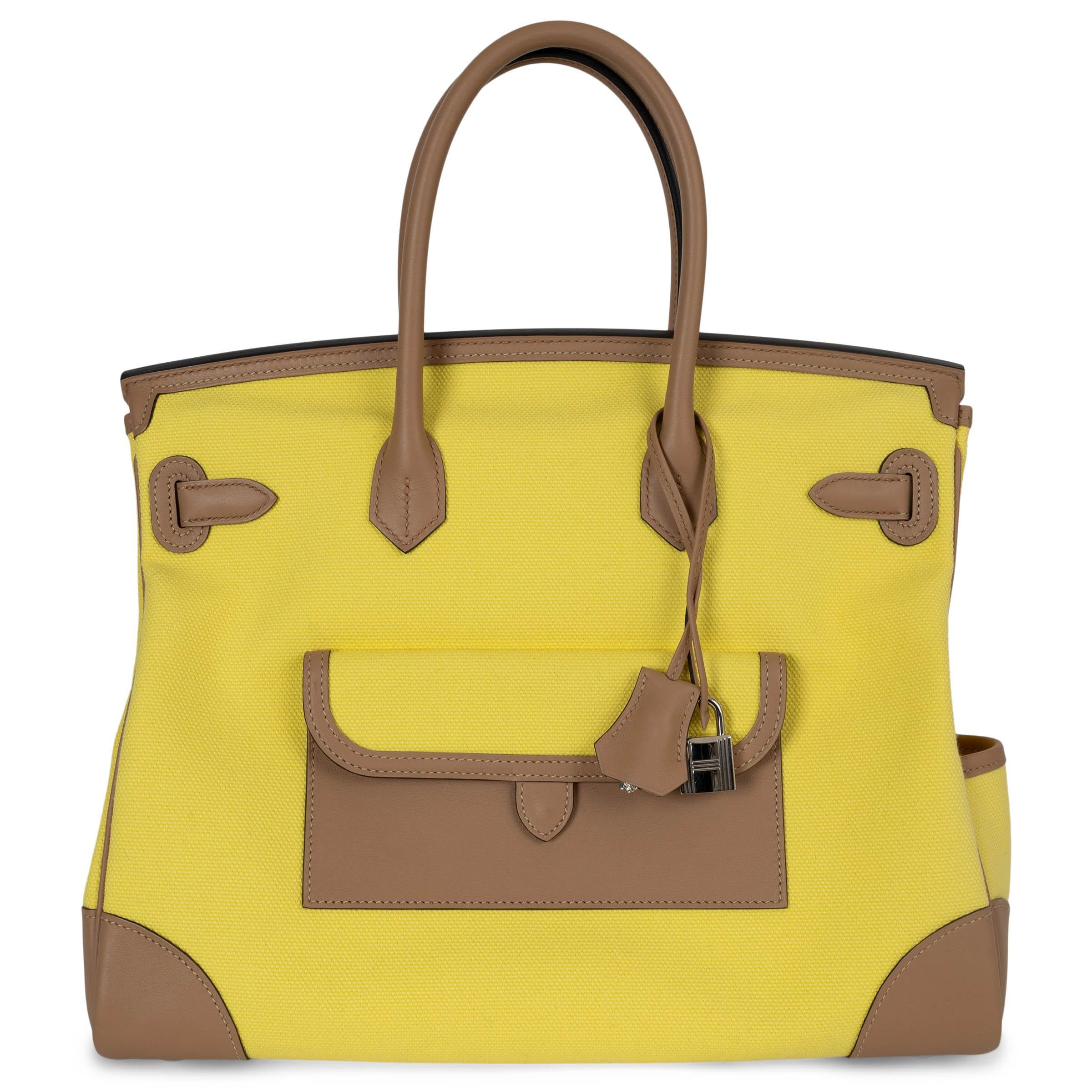 Brown HERMES Chai & Citron Swift & Toile Goeland BIRKIN 35 CARGO Bag Phw