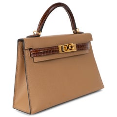 HERMES Chai & Miel Madame leather & CROC MINI KELLY 20 SELLIER TOUCH Bag Ghw