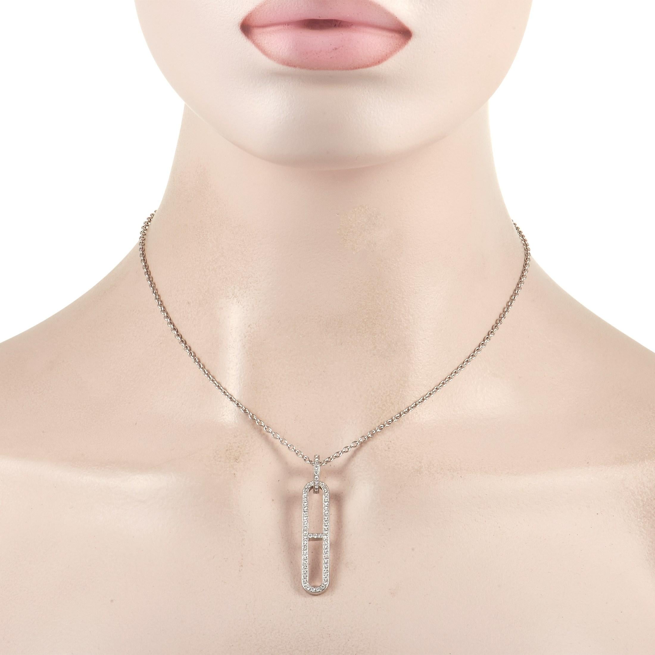 A sporty yet chic piece of fine jewelry from one of the world's most valuable fashion brands. This Hermès 18K White Gold Diamond Chaîne d'ancre Necklace featuers a 16-inch long chain bearing a diamond-set Chain D'Ancre motif pendant. The pendant