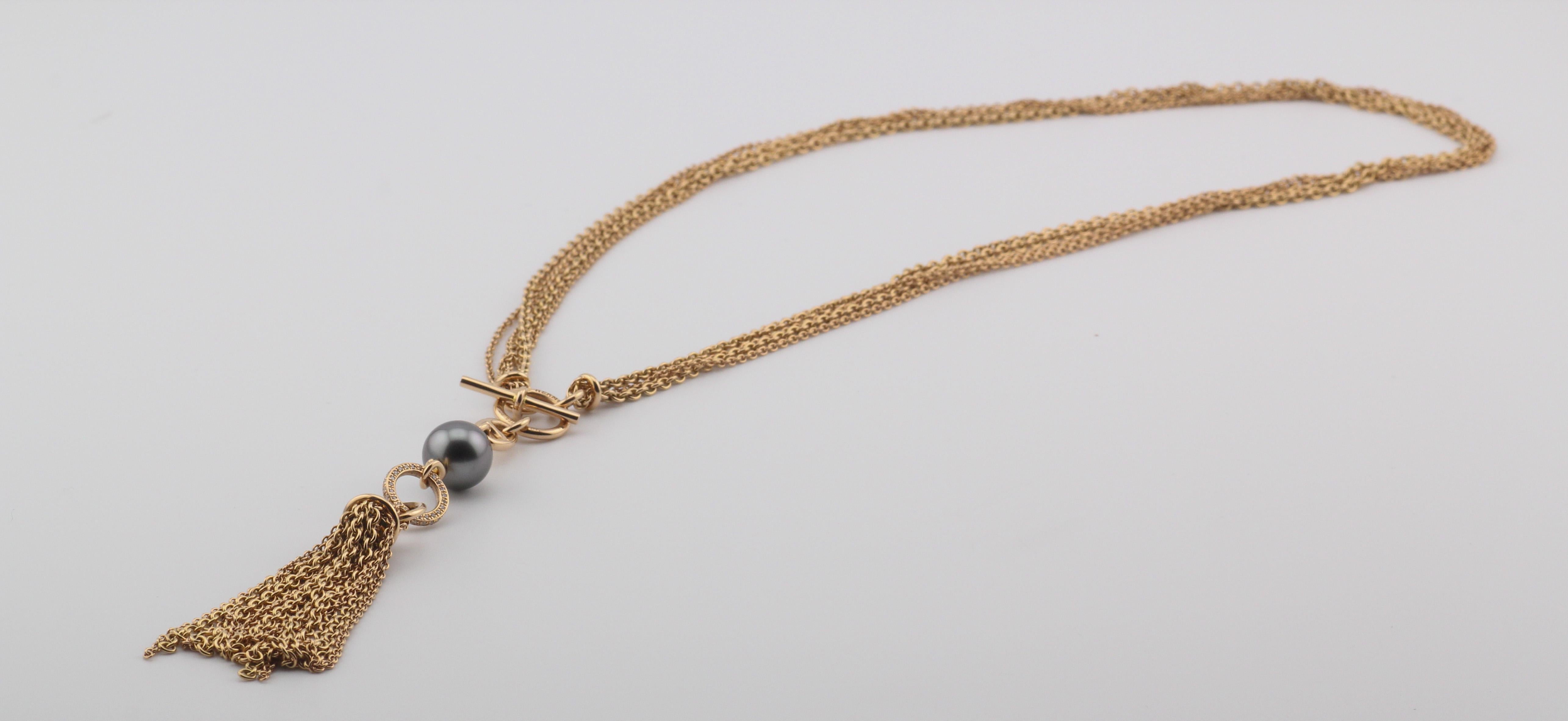 Brilliant Cut Hermes Chaine D'Ancre Black Pearl Diamond 18k Rose Gold Sautoir Tassel Necklace For Sale
