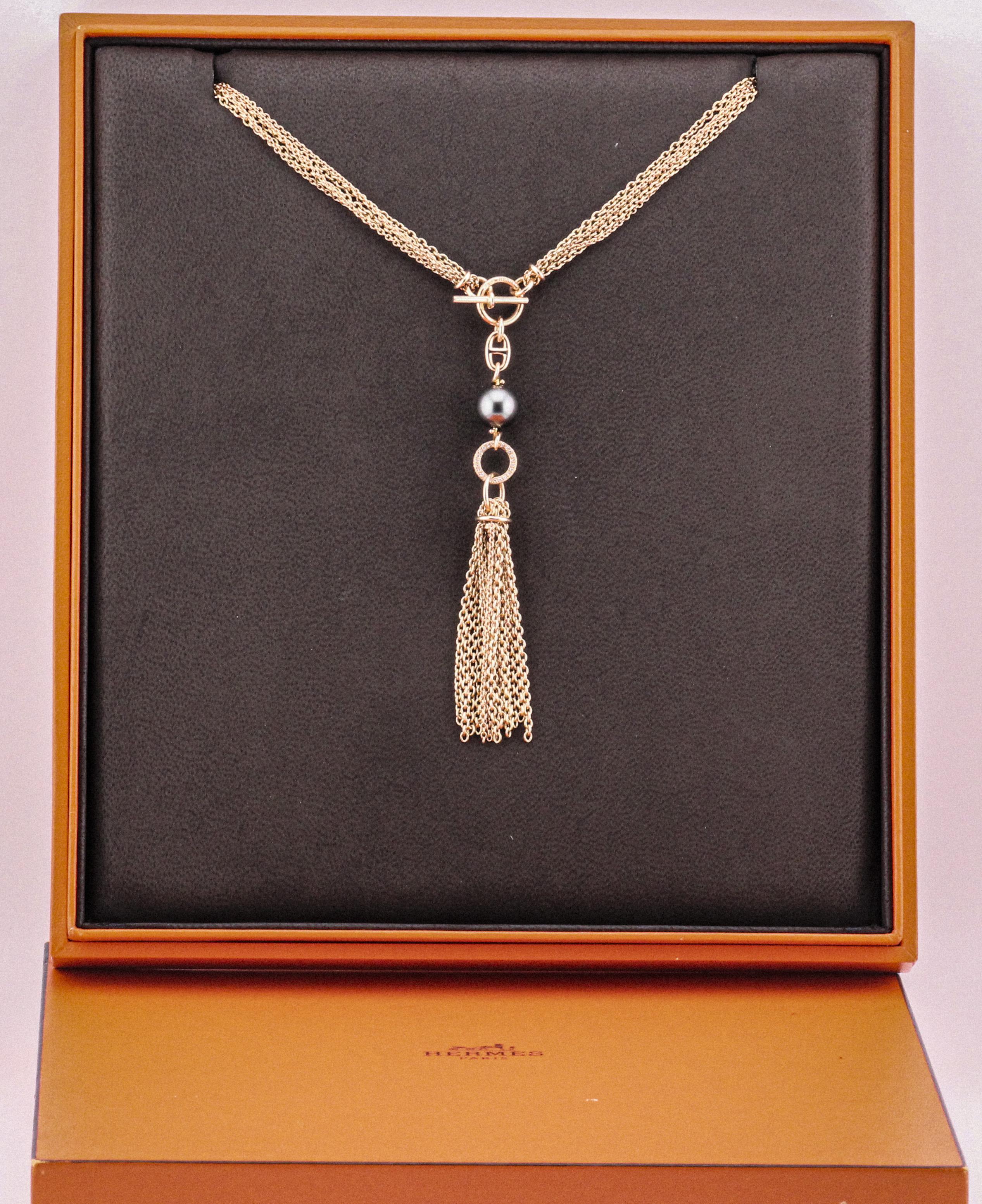 Hermes Chaine D'Ancre Black Pearl Diamond 18k Rose Gold Sautoir Tassel Necklace In Good Condition For Sale In Bellmore, NY