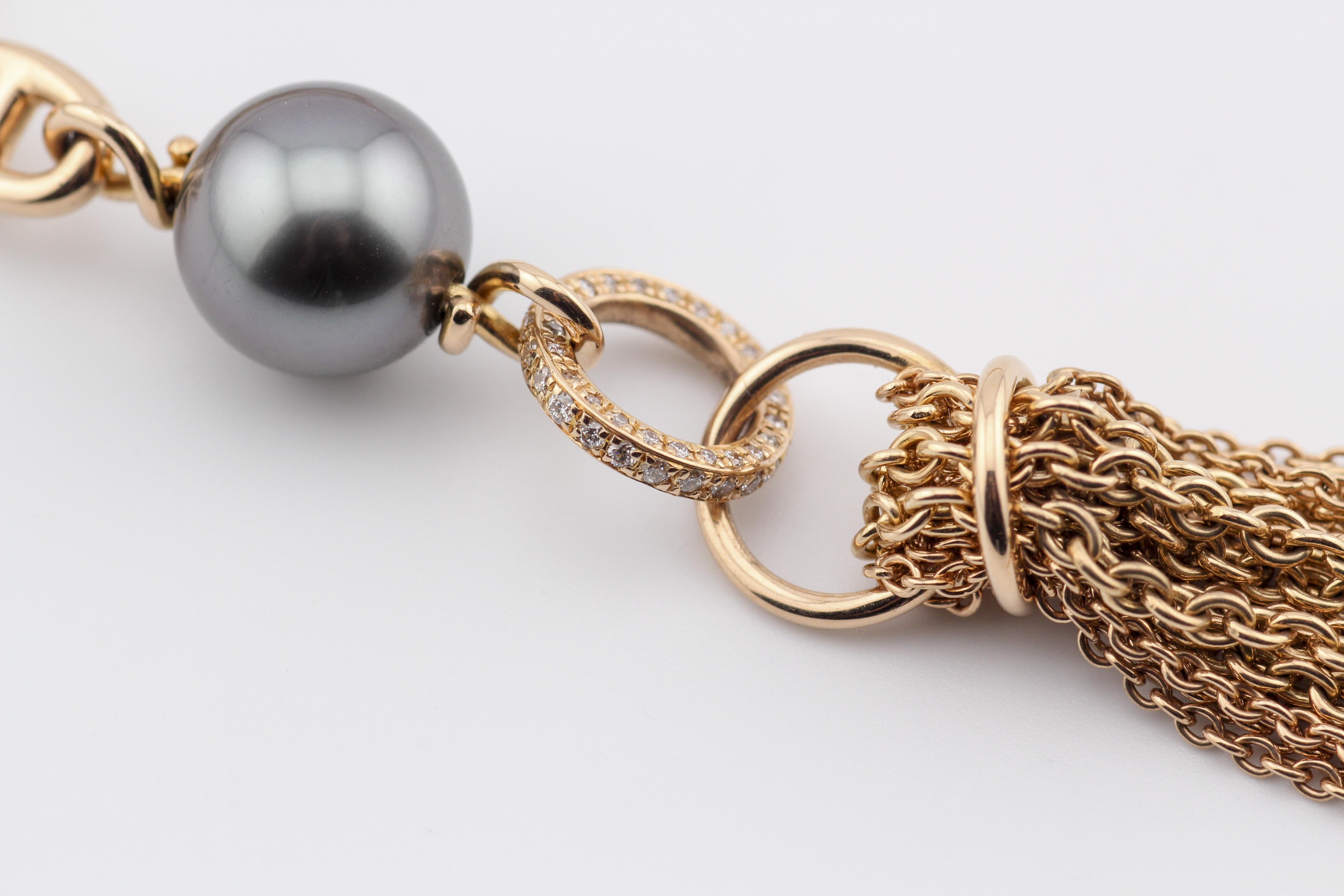 Hermes Chaine D'Ancre Black Pearl Diamond 18k Rose Gold Sautoir Tassel Necklace For Sale 1