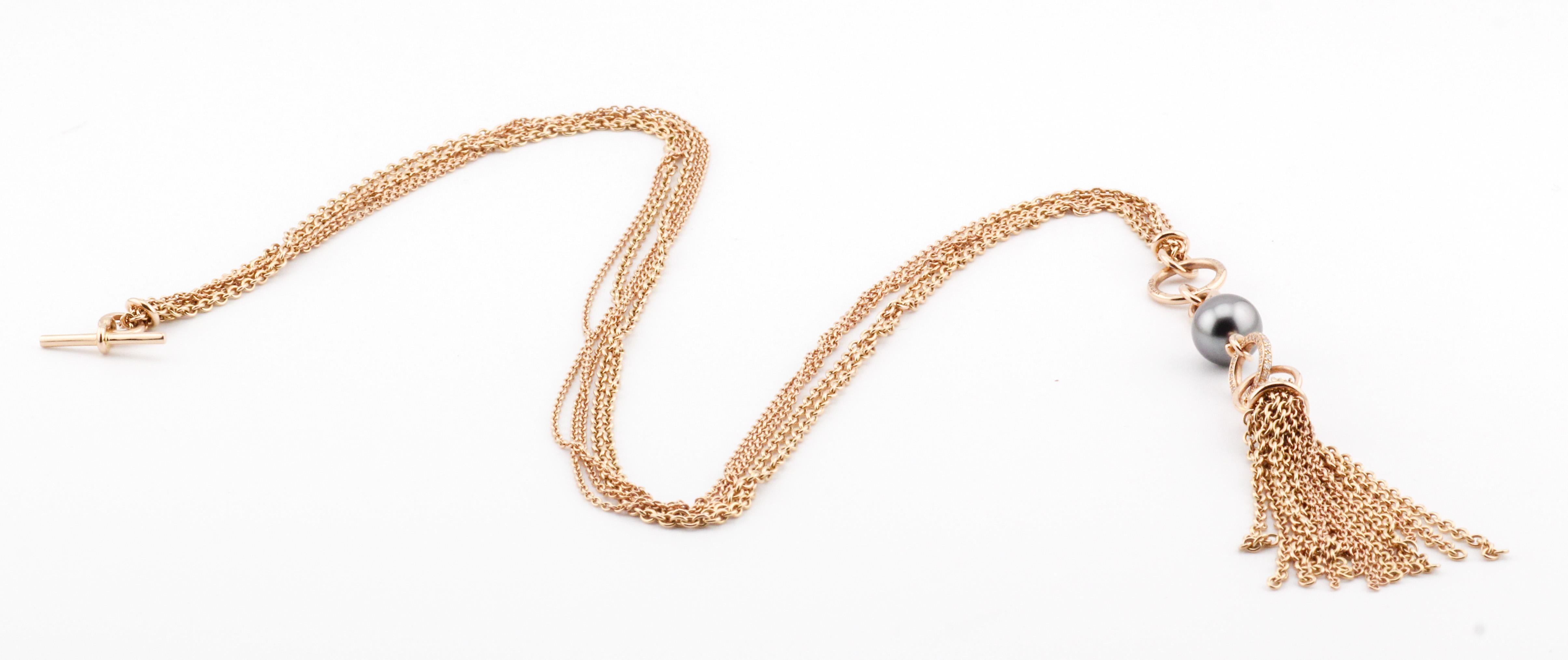 Hermes Chaine D'Ancre Black Pearl Diamond 18k Rose Gold Sautoir Tassel Necklace For Sale 2