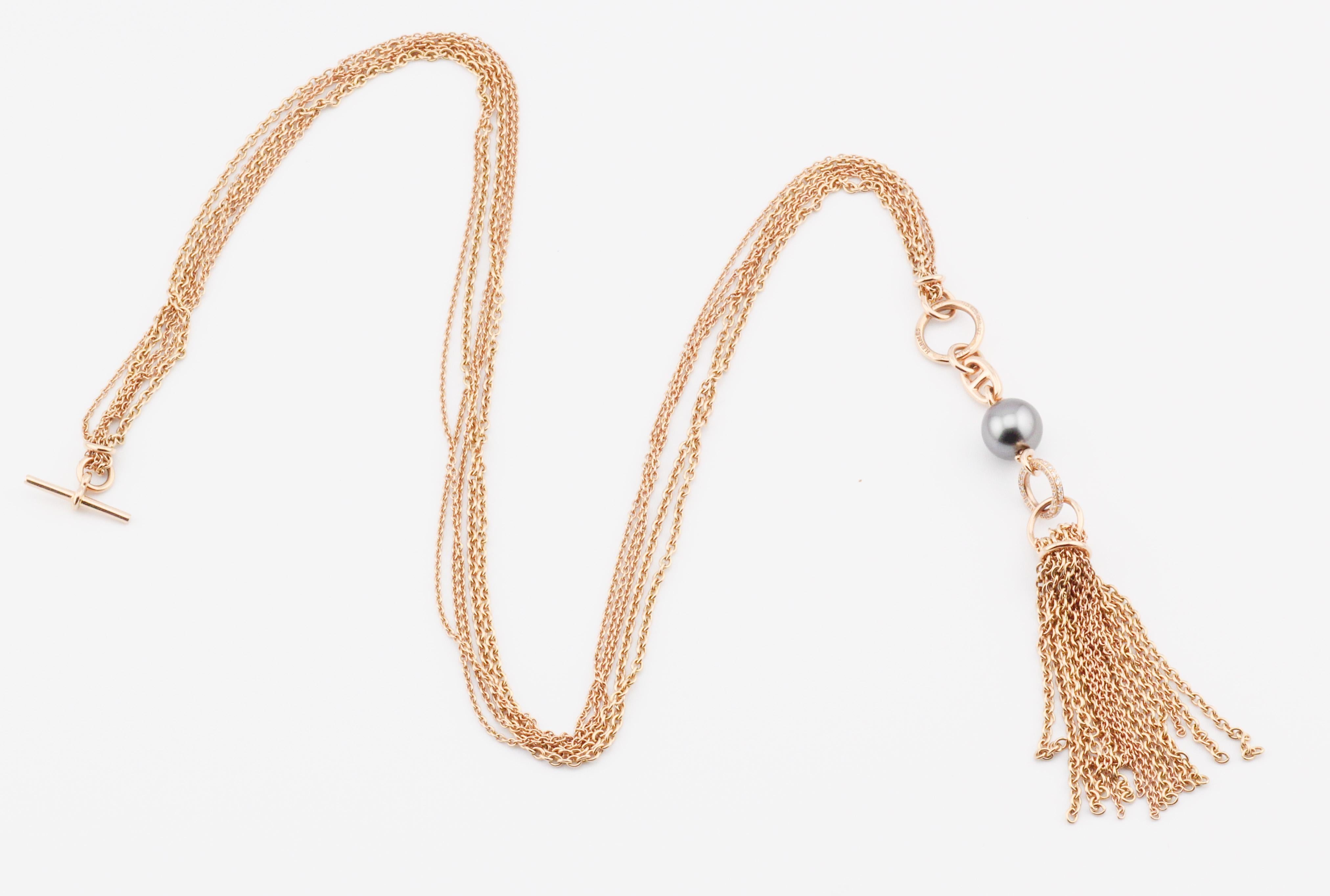 Hermes Chaine D'Ancre Black Pearl Diamond 18k Rose Gold Sautoir Tassel Necklace For Sale 3