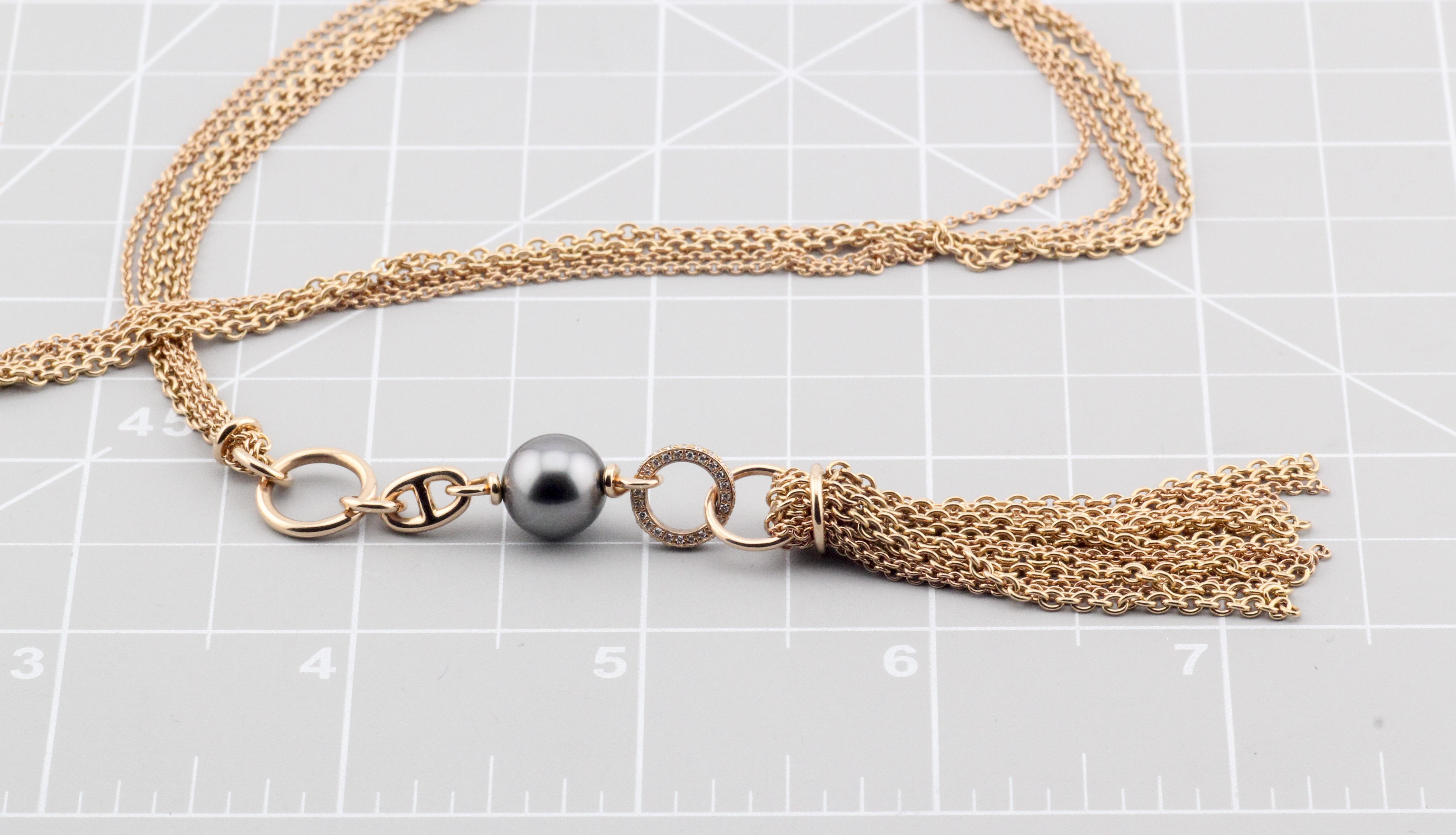 Hermes Chaine D'Ancre Black Pearl Diamond 18k Rose Gold Sautoir Tassel Necklace For Sale 4