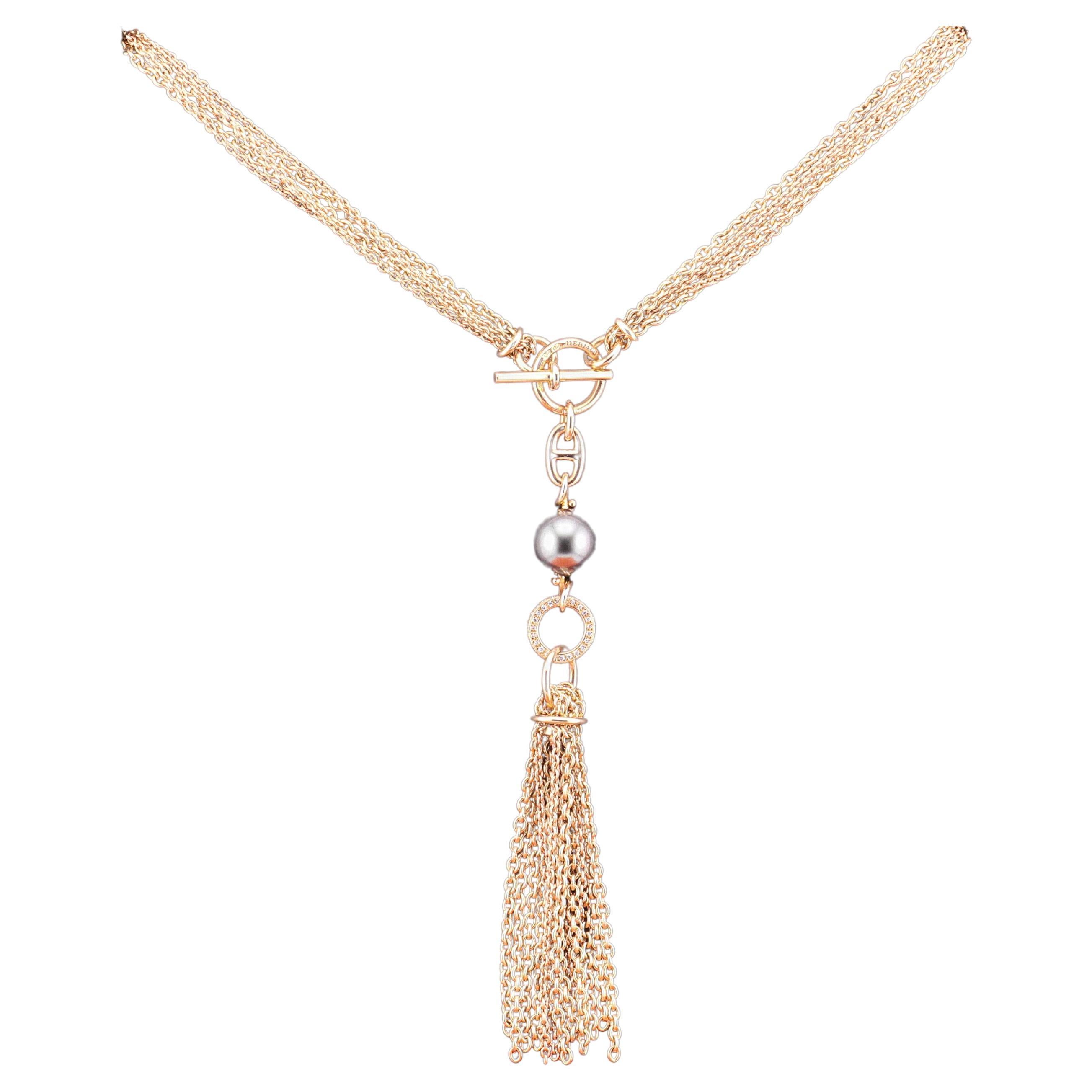 Hermes Chaine D'Ancre Black Pearl Diamond 18k Rose Gold Sautoir Tassel Necklace For Sale