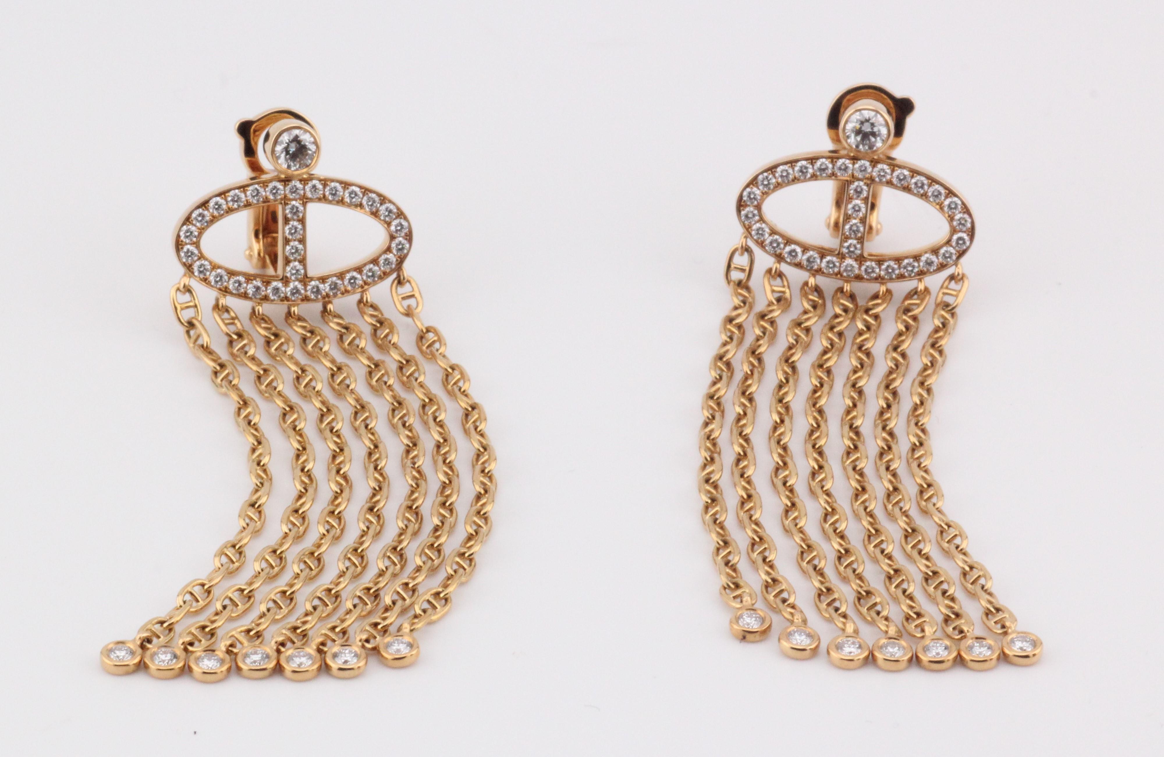 HERMES Chaine D'Ancre Calypso Große Ohrringe mit Fransen und Diamanten aus 18k Gold (Brillantschliff)