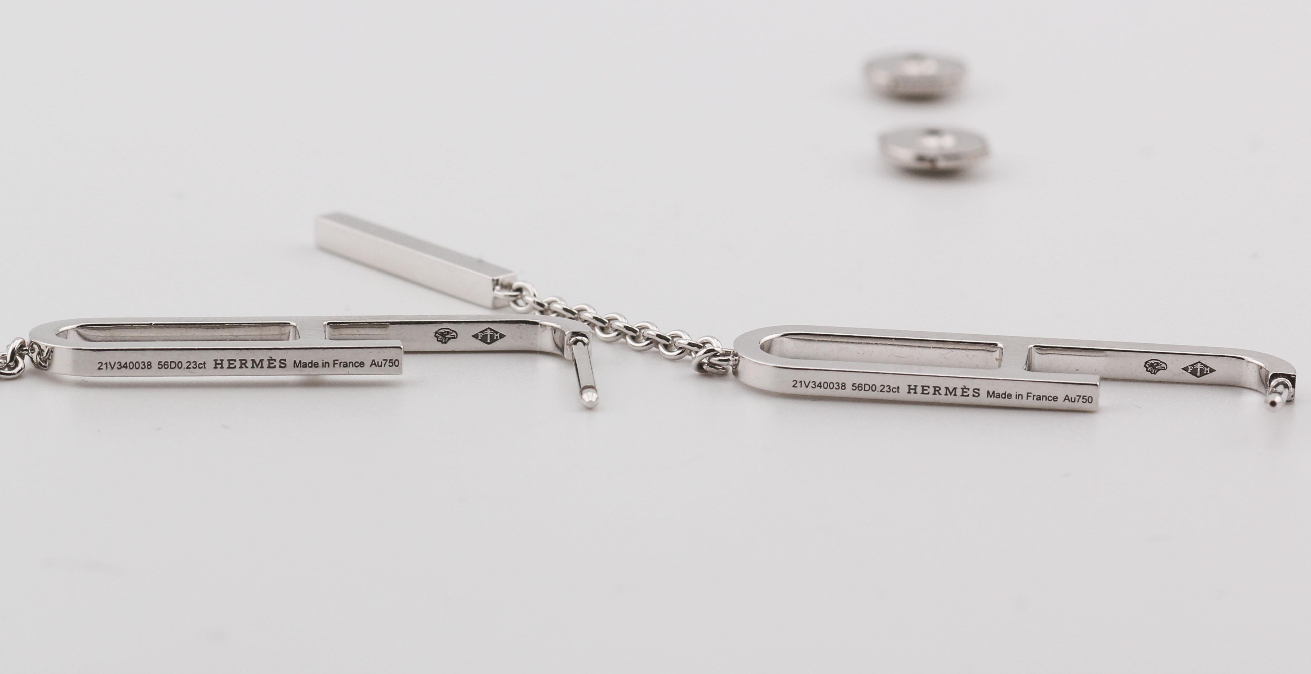 Round Cut Hermes Chaine D'Ancre Diamond 18K White Gold Dangling Earrings For Sale
